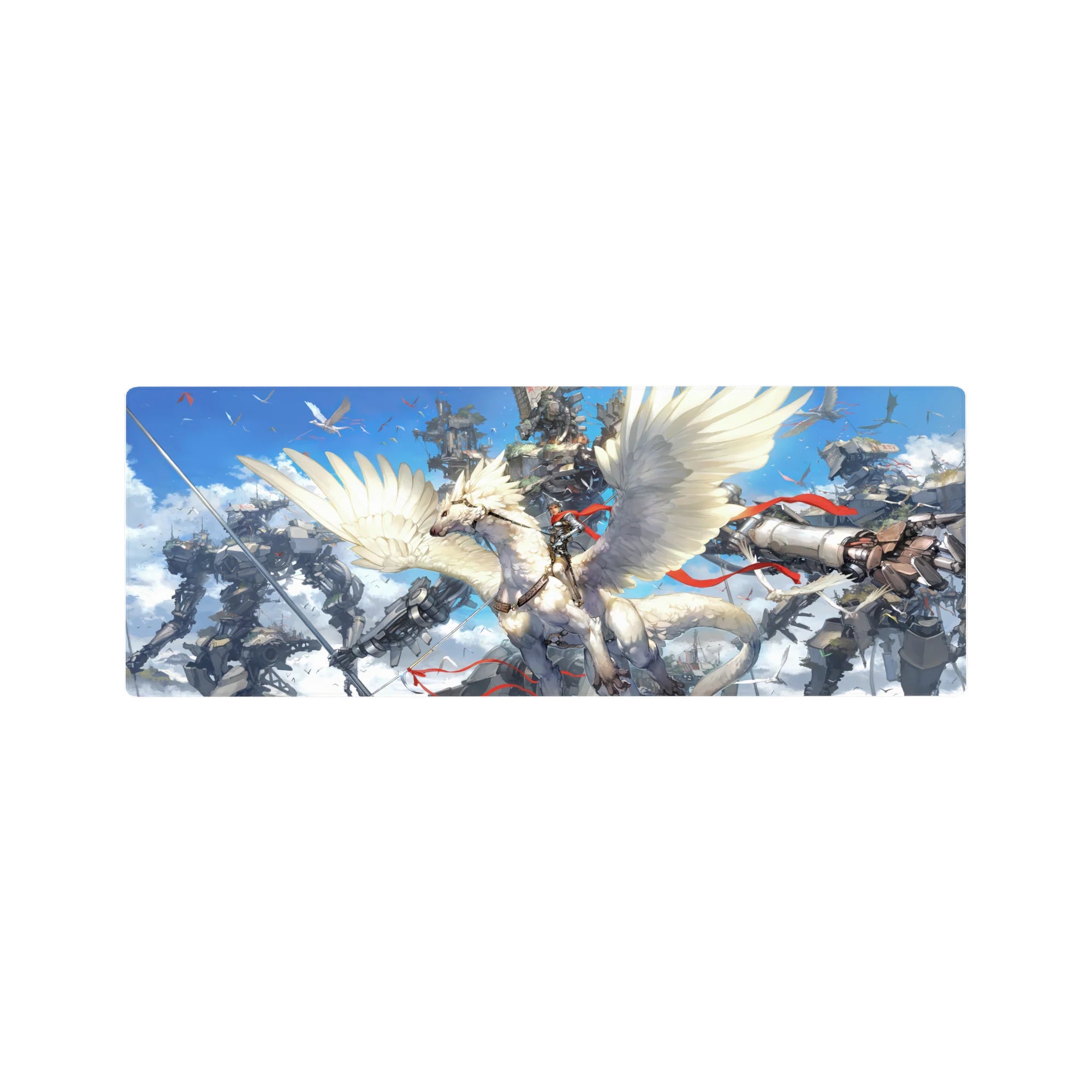 32x12 inches anime mouse pad with silver rider on white winged beast, mechs in clouded sky.