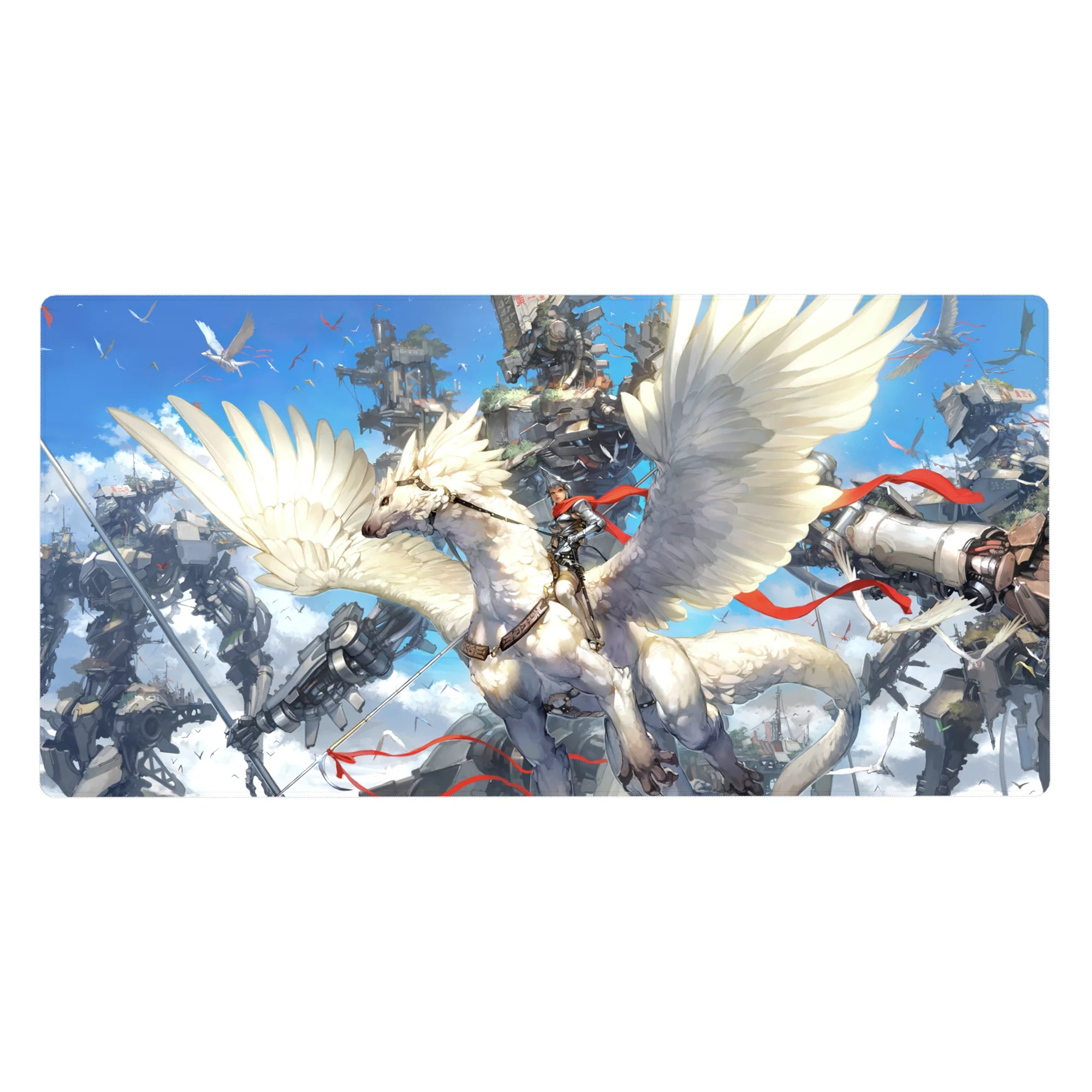 40x20 inches anime desk pad with armored rider on a white winged beast, mechs towering in blue sky.