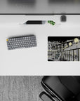 Inky black and soft gray anime girl mouse pad 14x10 inches with calm night vibe and drifting light speckles.