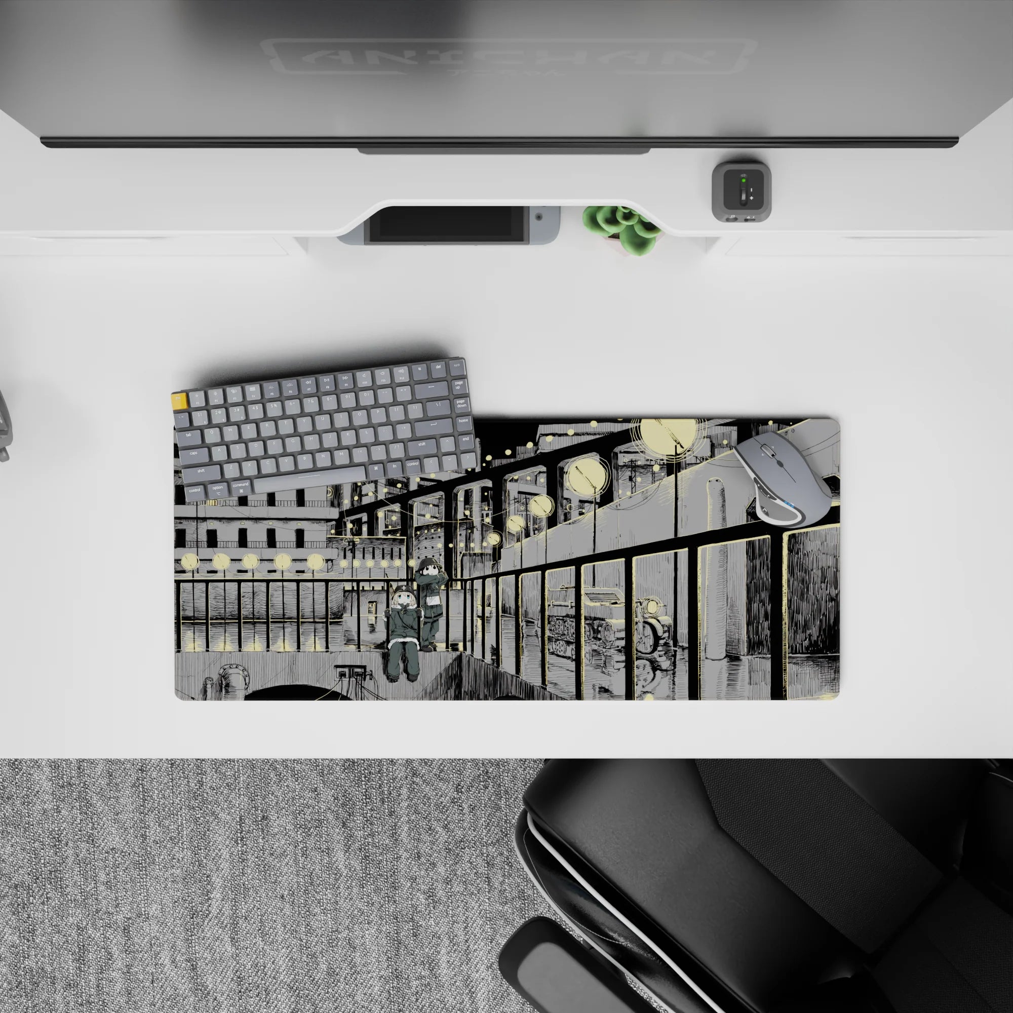 Cozy inky blacks and soft grays anime girl mouse pad 28x12 inches, calm late-walk vibe with glowing lights.