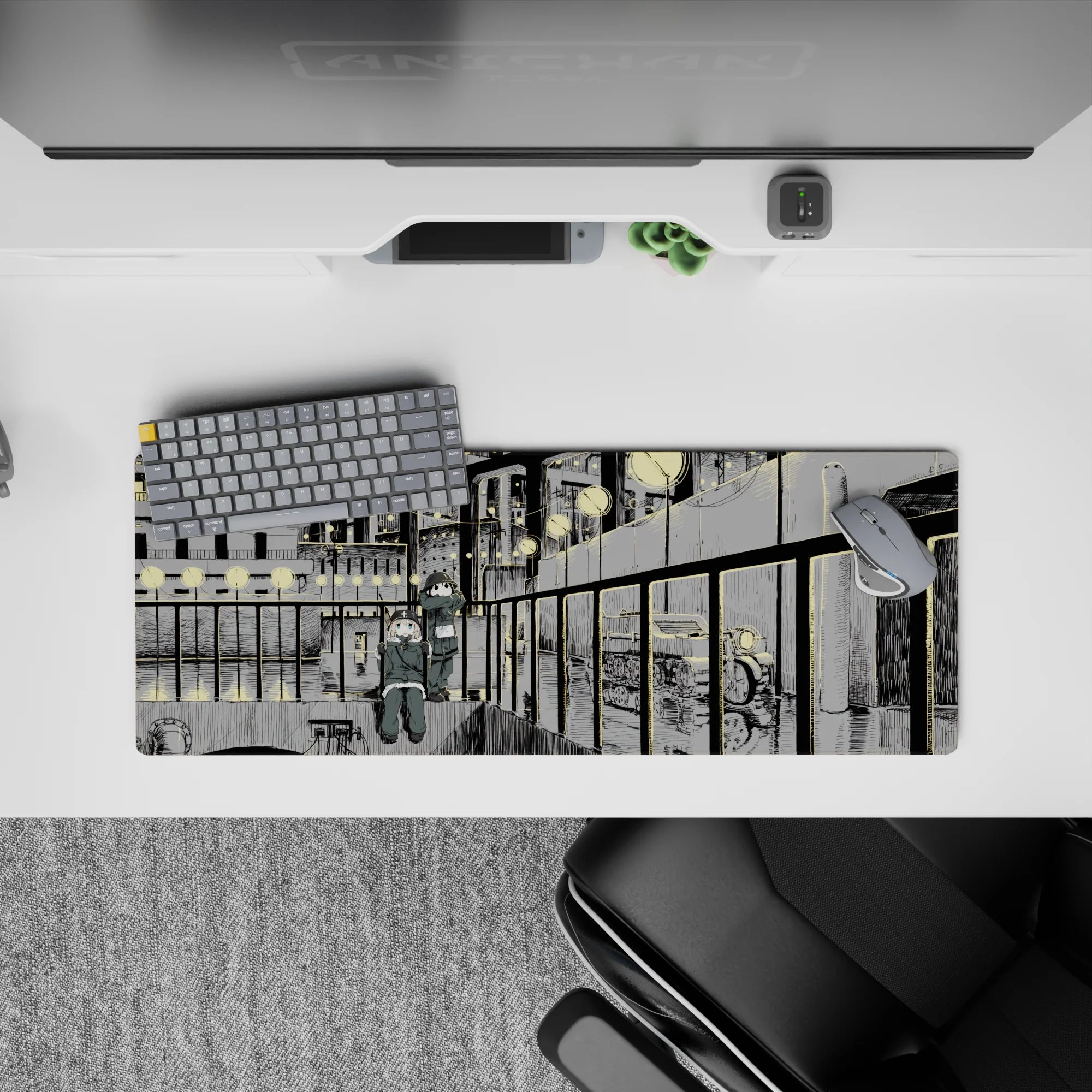 32x12 inches anime girl mouse pad in inky blacks and soft grays, calm late-walk mood with light speckles.