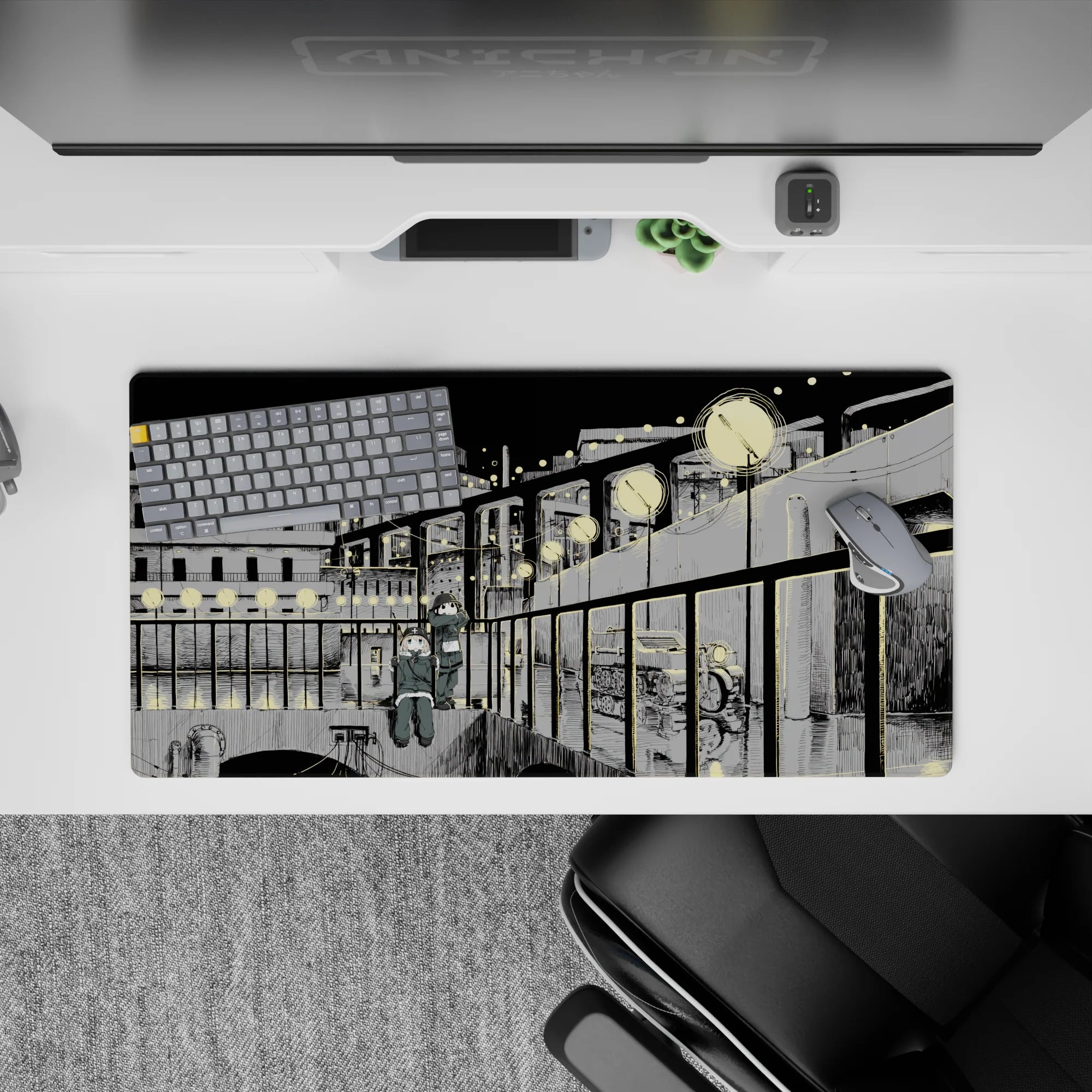 32x16 inches anime girl mouse pad in inky blacks and soft grays with glowing lights and calm vibes.