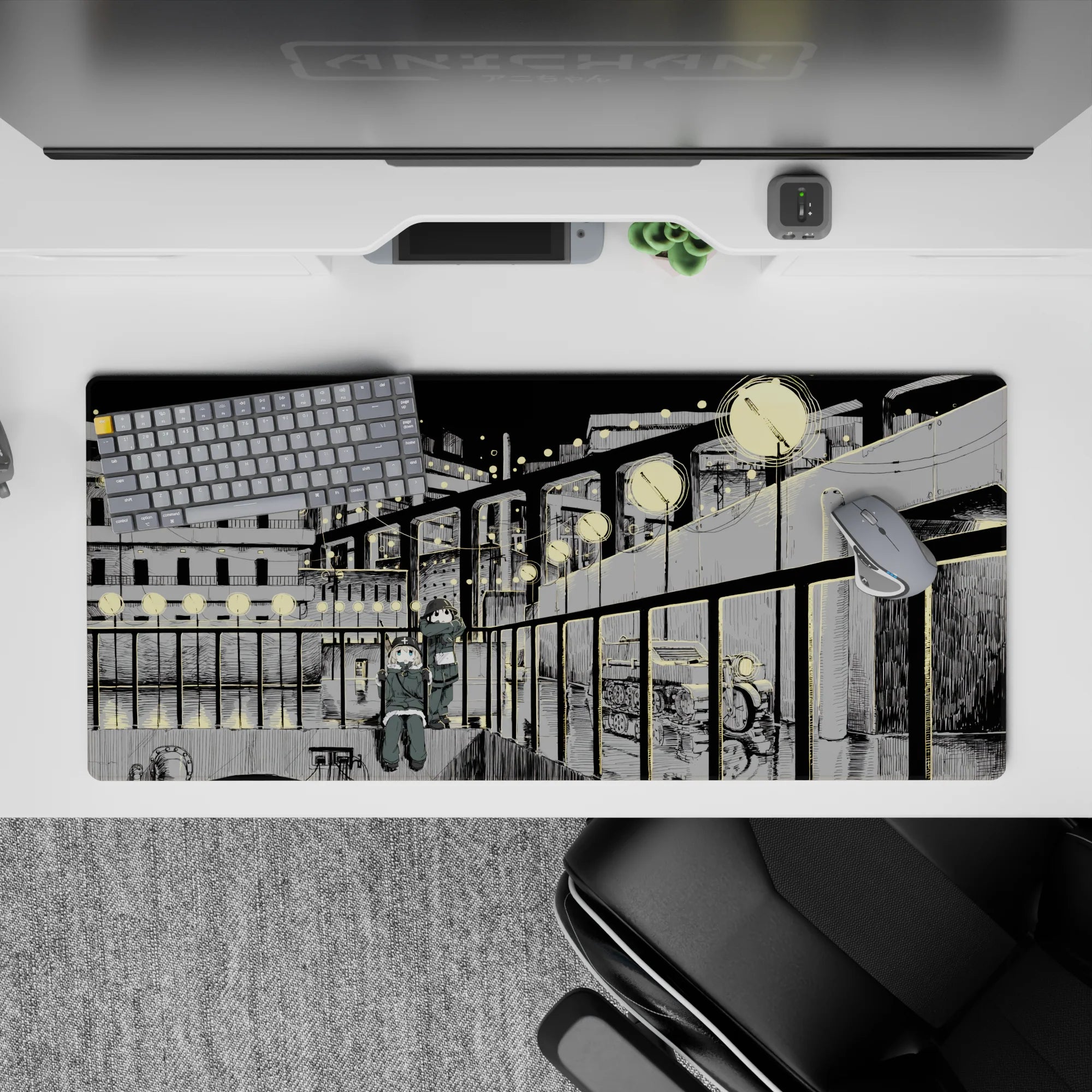 Cozy inky black and soft gray anime desk pad 36x16 inches with calm night-walk vibe and rosy cheeks.