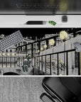Inky black and soft gray anime desk pad 40x20 inches, cozy late-walk mood with light speckles.