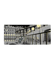 Anime girl mouse pad 28x12 inches with night dock city sketch, street orbs, hand-drawn linework, speckles.