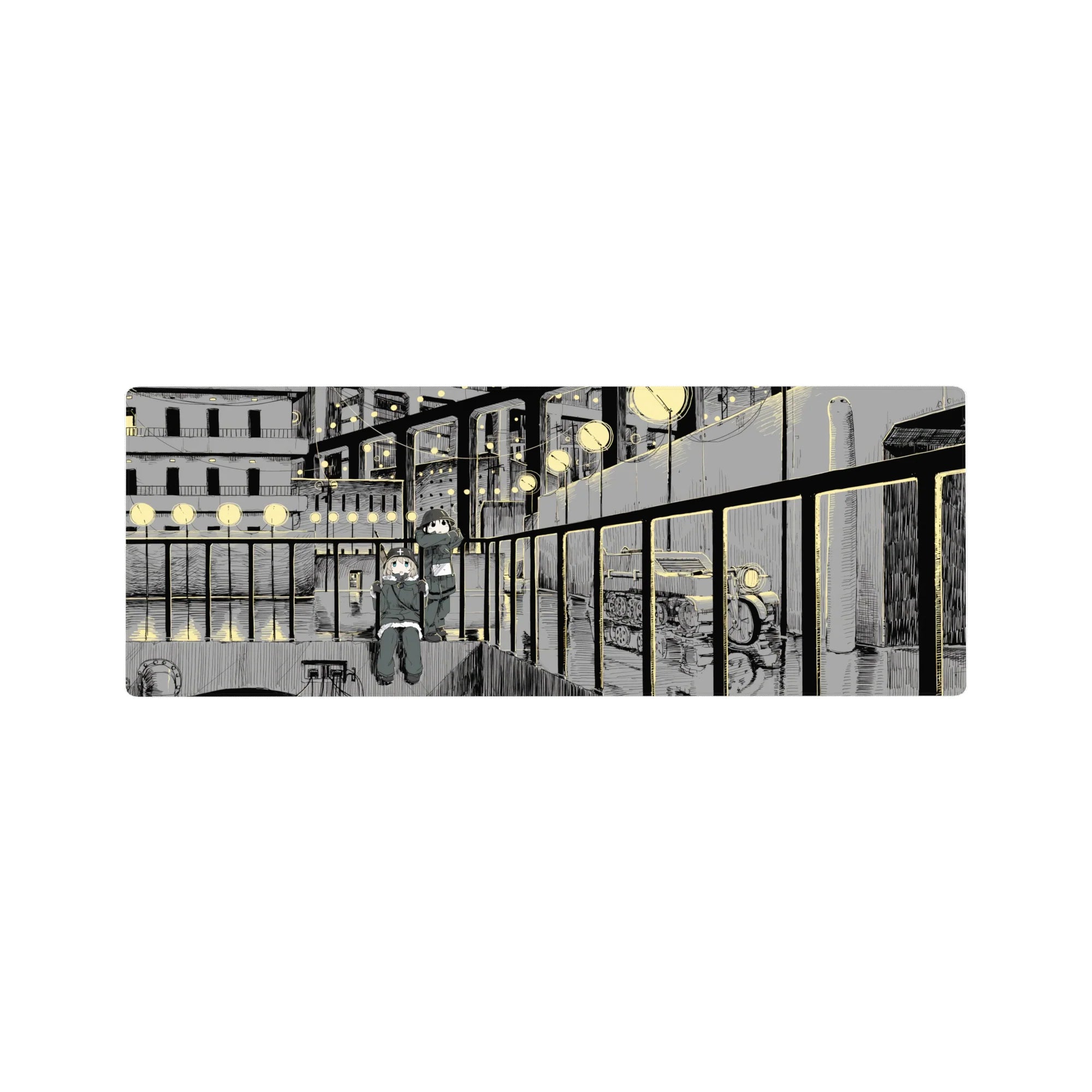 32x12 inches anime girl mouse pad with hand-drawn night dock scene, streetlights, and cozy city sketch.
