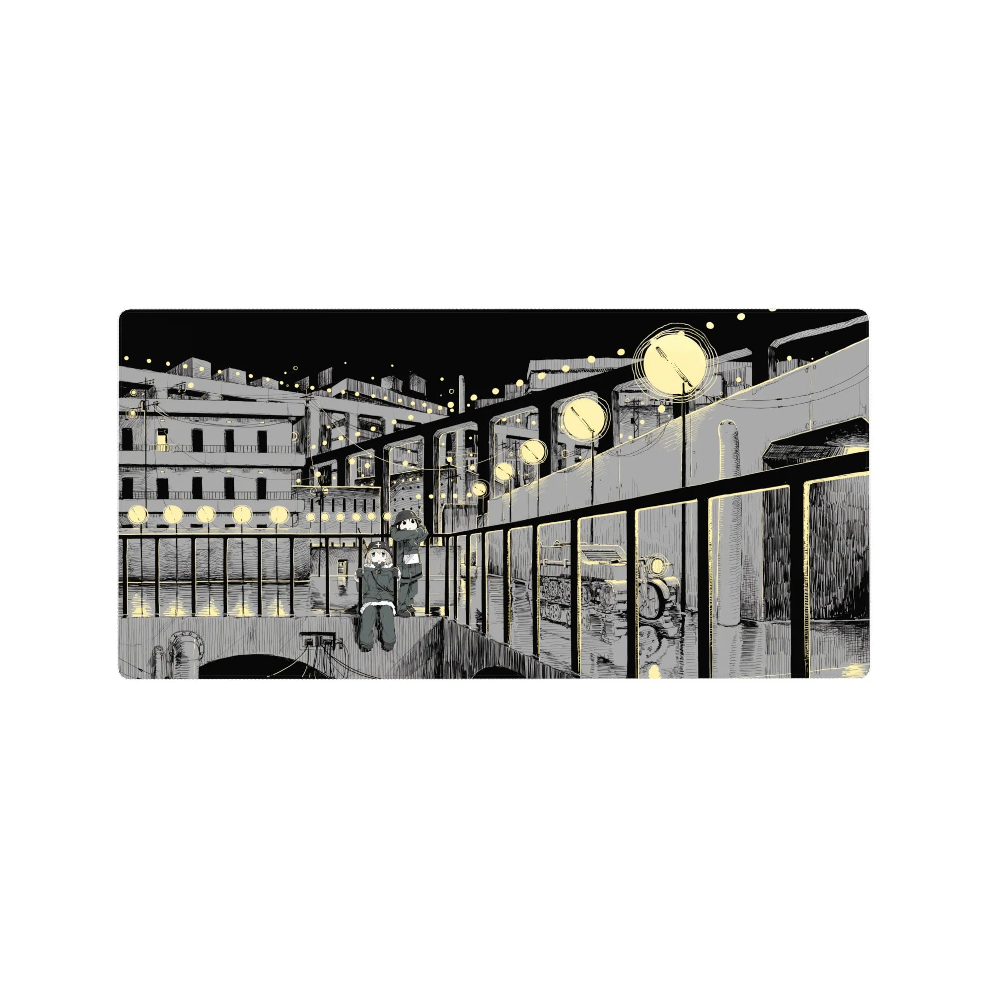 32x16 inches anime girl mouse pad with night docks, street orbs, and cozy hand-drawn city sketch.