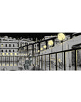 Anime girl desk pad 36x16 inches with hand-drawn night dock city sketch, glowing street orbs, speckles.
