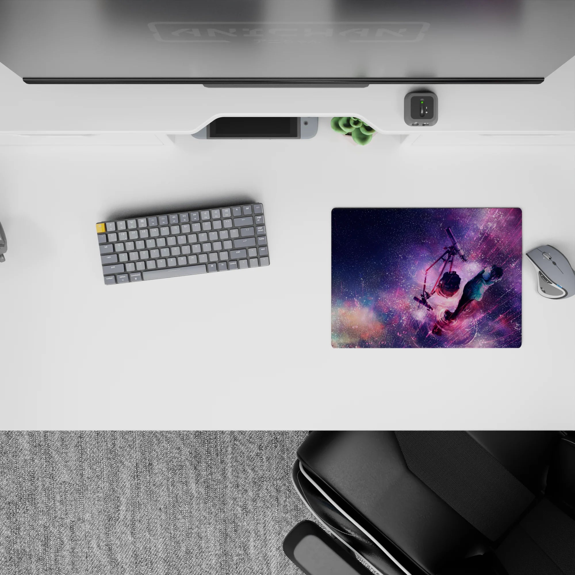 14x10 inches anime mouse pad in neon magenta and violet with soft blues, dreamy melancholy galaxy glow.