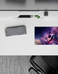 14x10 inches anime mouse pad in neon magenta and violet with soft blues, dreamy melancholy galaxy glow.
