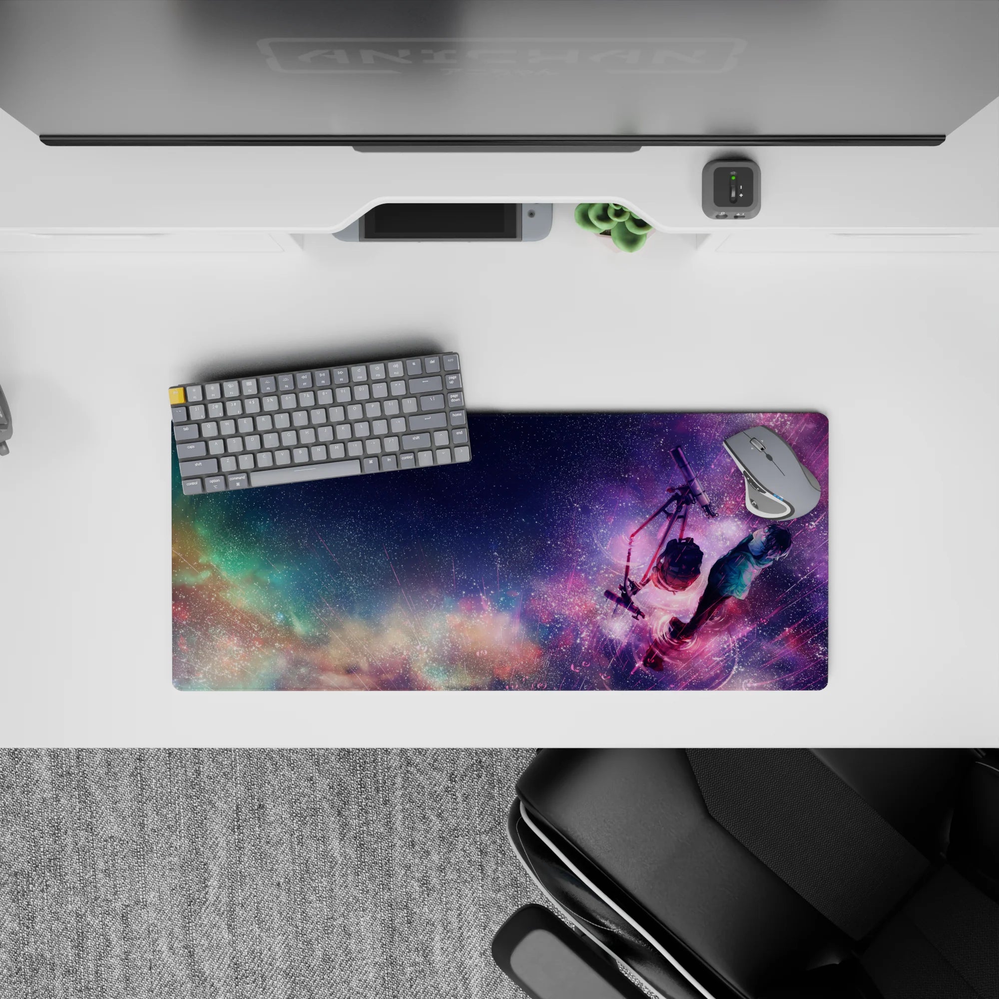 28x12 inches anime mouse pad in magenta, violet, and soft blues with dreamy, calm, melancholy space vibe.