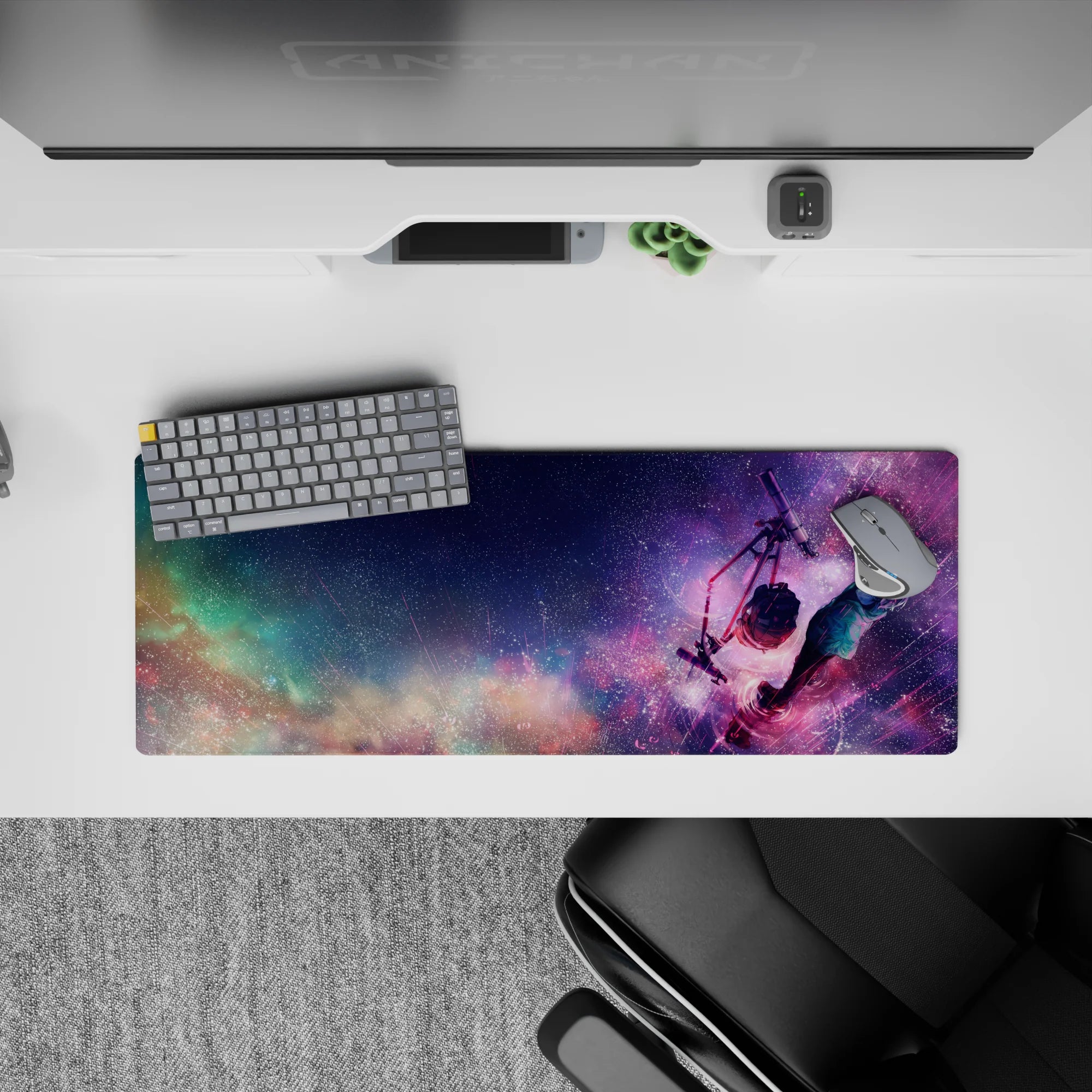 32x12 inches anime desk mouse pad in magenta and violet neon with soft blues, dreamy calm night mood.
