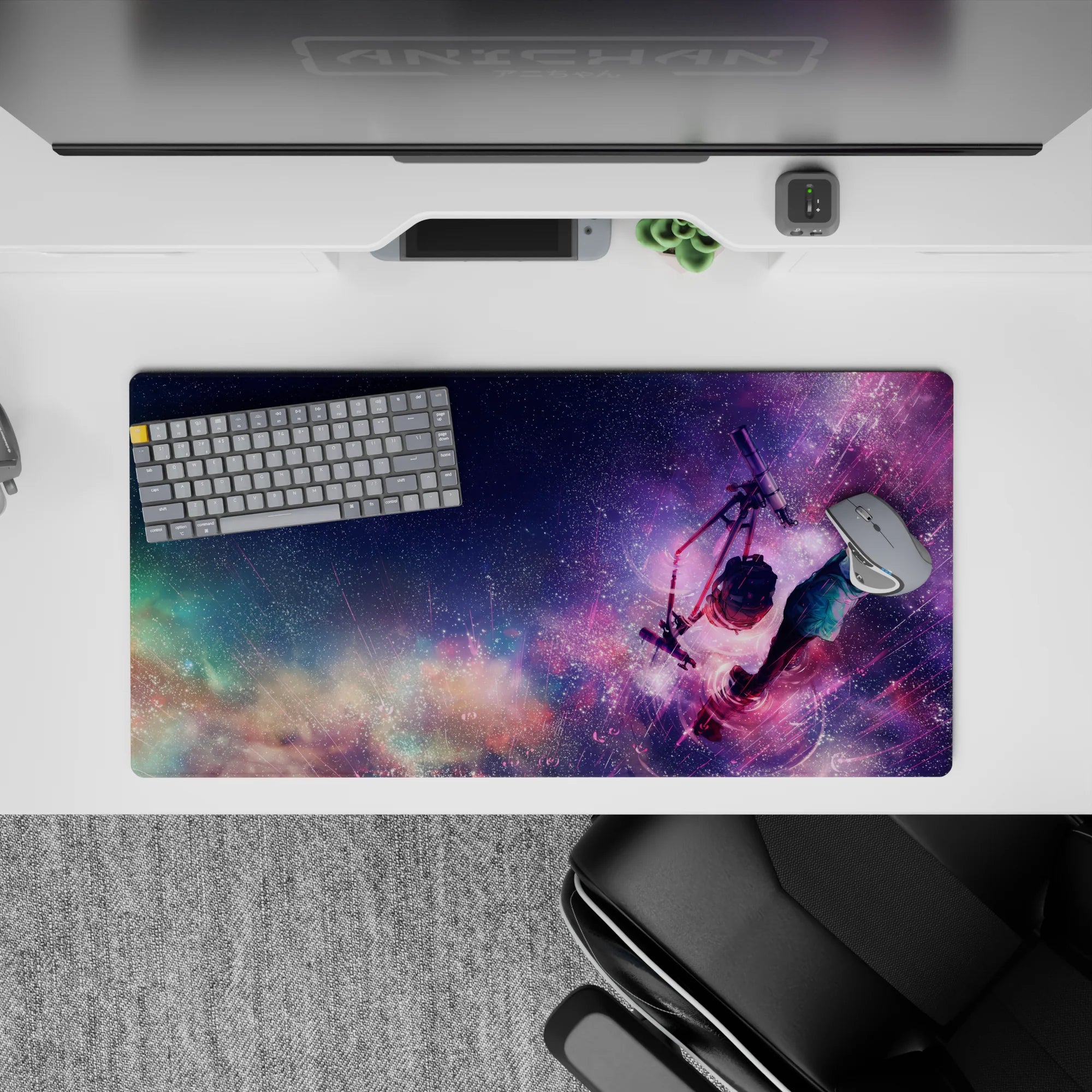 32x16 inches anime mouse pad in magenta and violet neon with soft blues, dreamy calm night vibe.