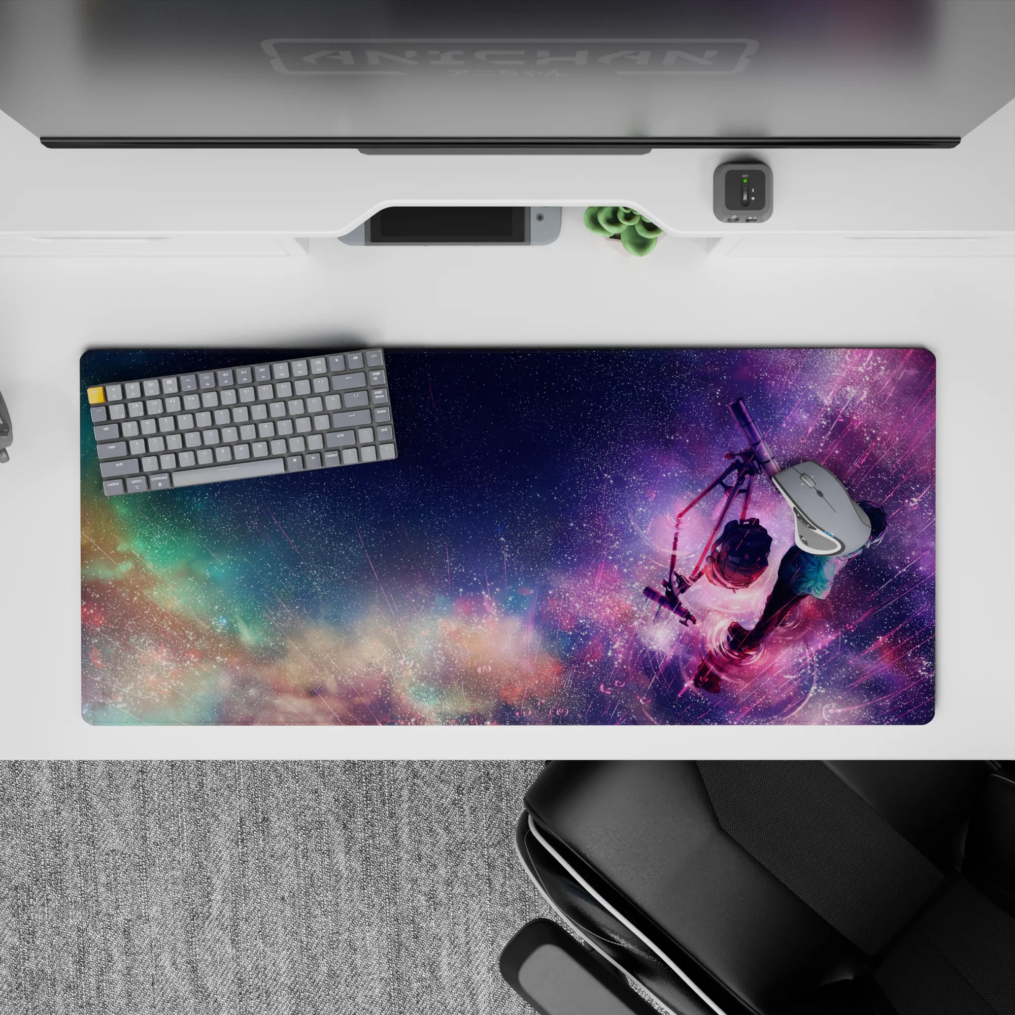 Dreamy 36x16 inches anime desk pad in neon magenta, violet, and soft blue with calm melancholy glow.