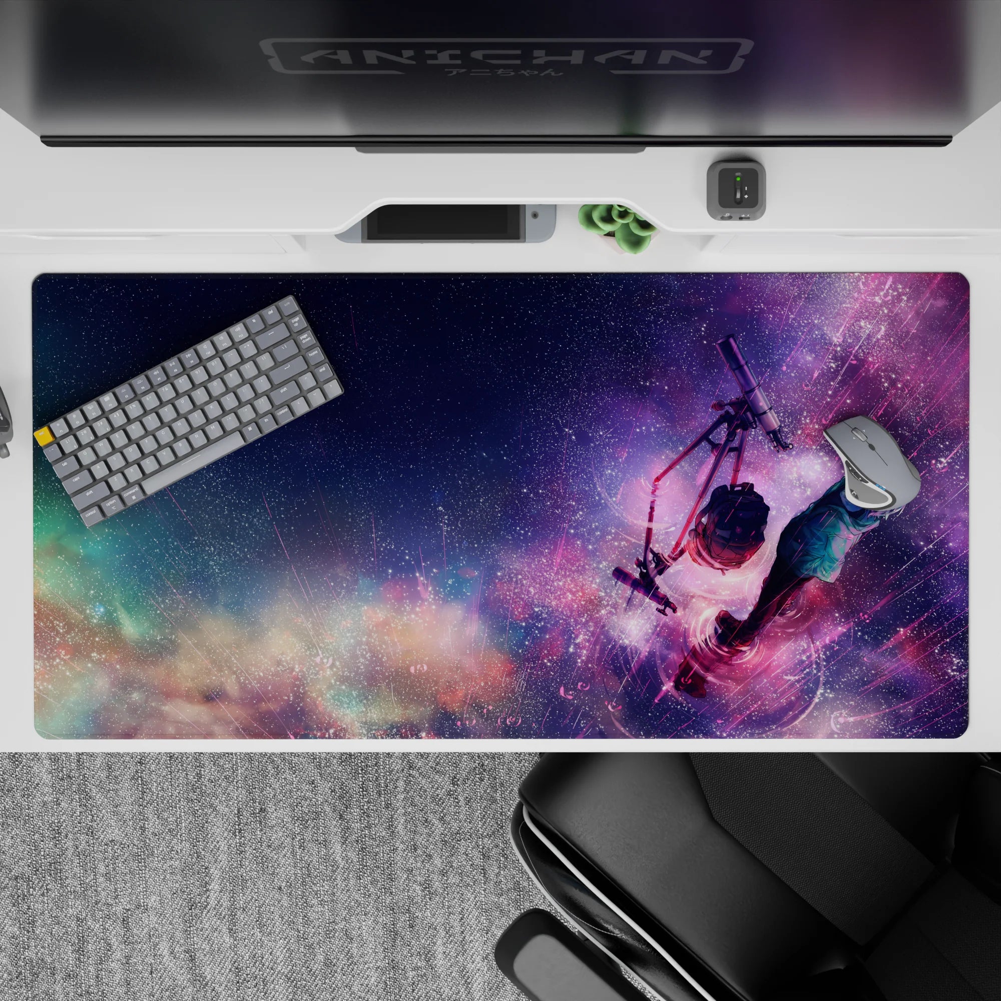40x20 inches anime mouse pad in dreamy neon magenta, violet, and soft blue with calm melancholy mood.