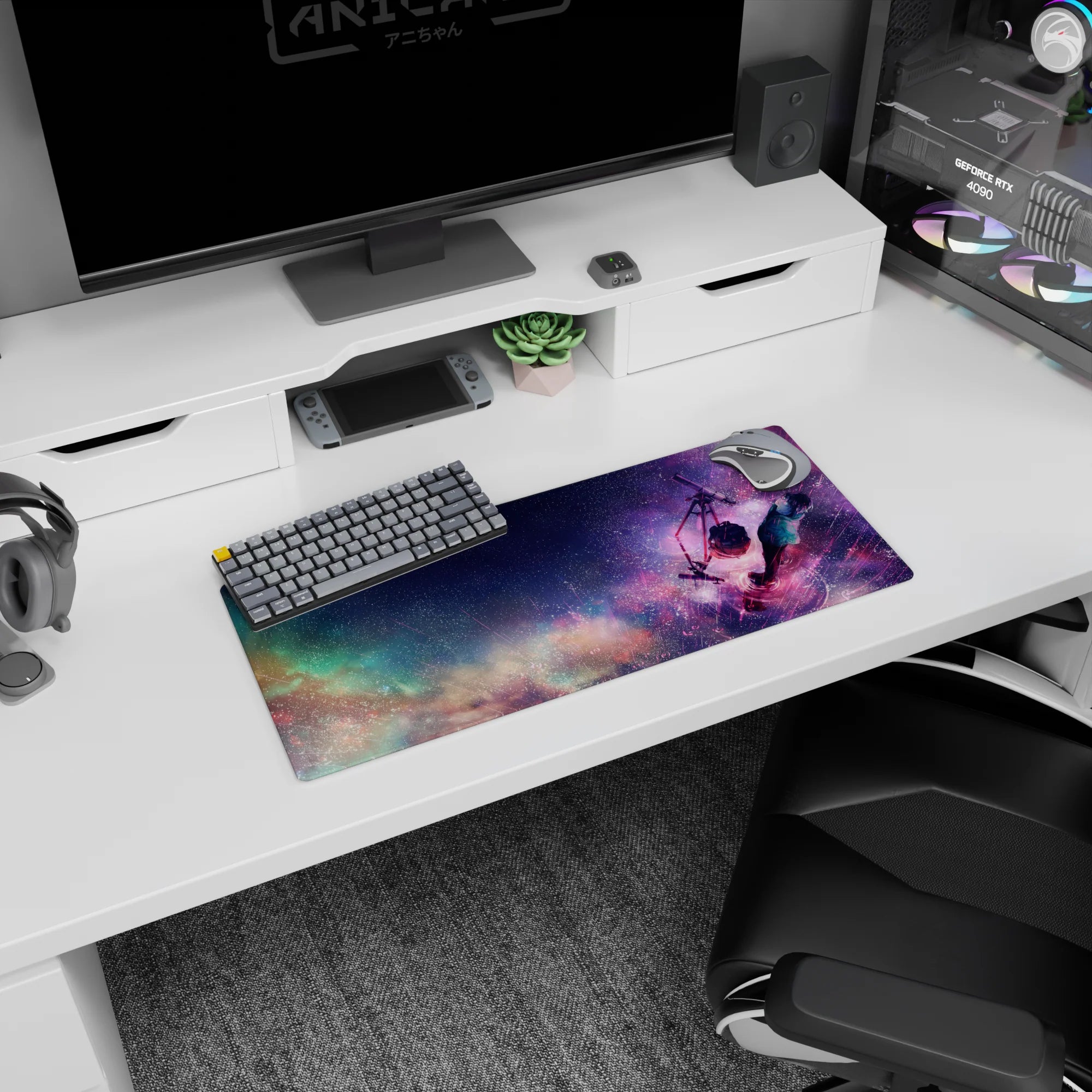28x12 inches anime mouse pad showing a lone anime boy in scarf by a telescope beneath a comet-lit sky.