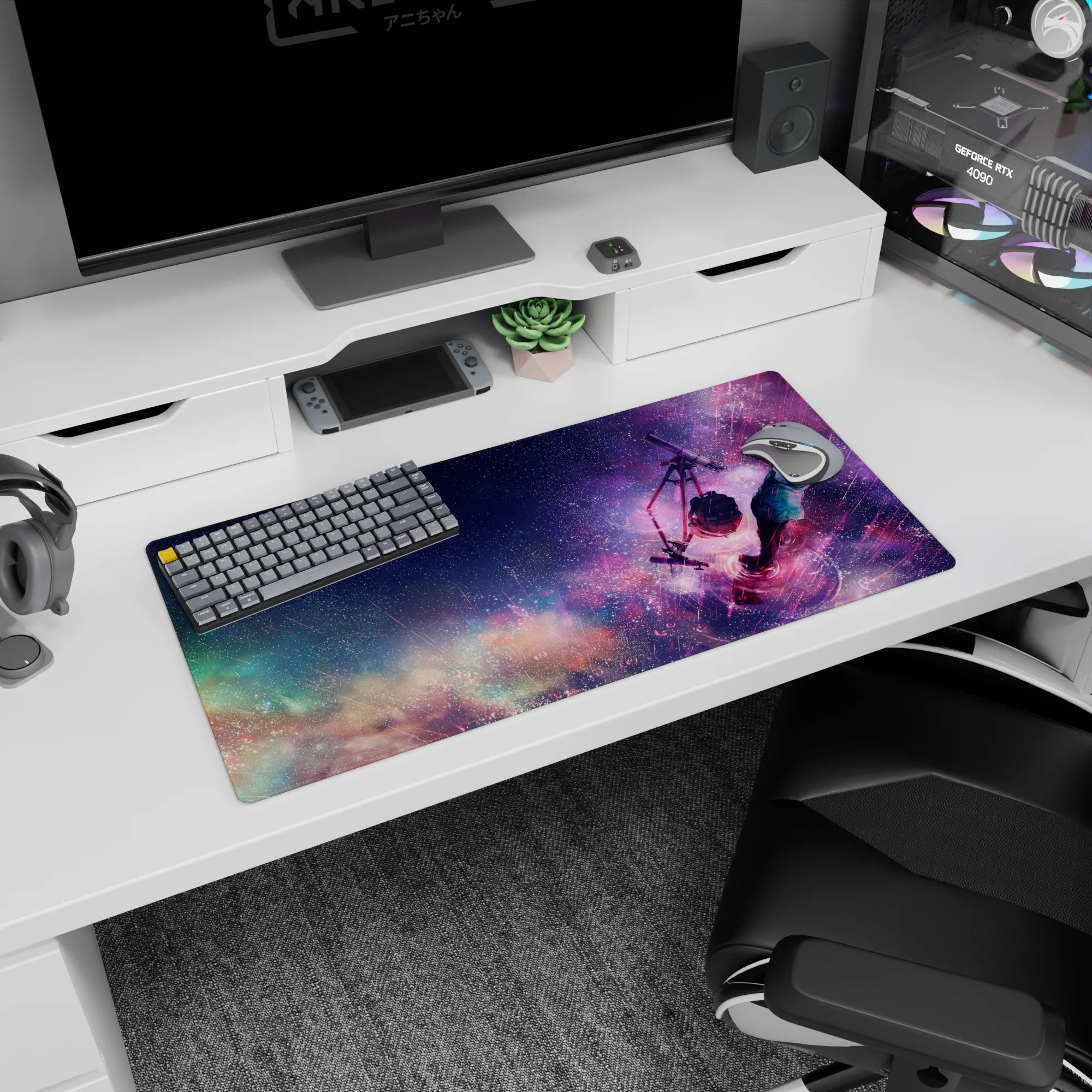 32x16 inches anime mouse pad showing a lone anime boy in scarf and jacket beside a telescope under stars.