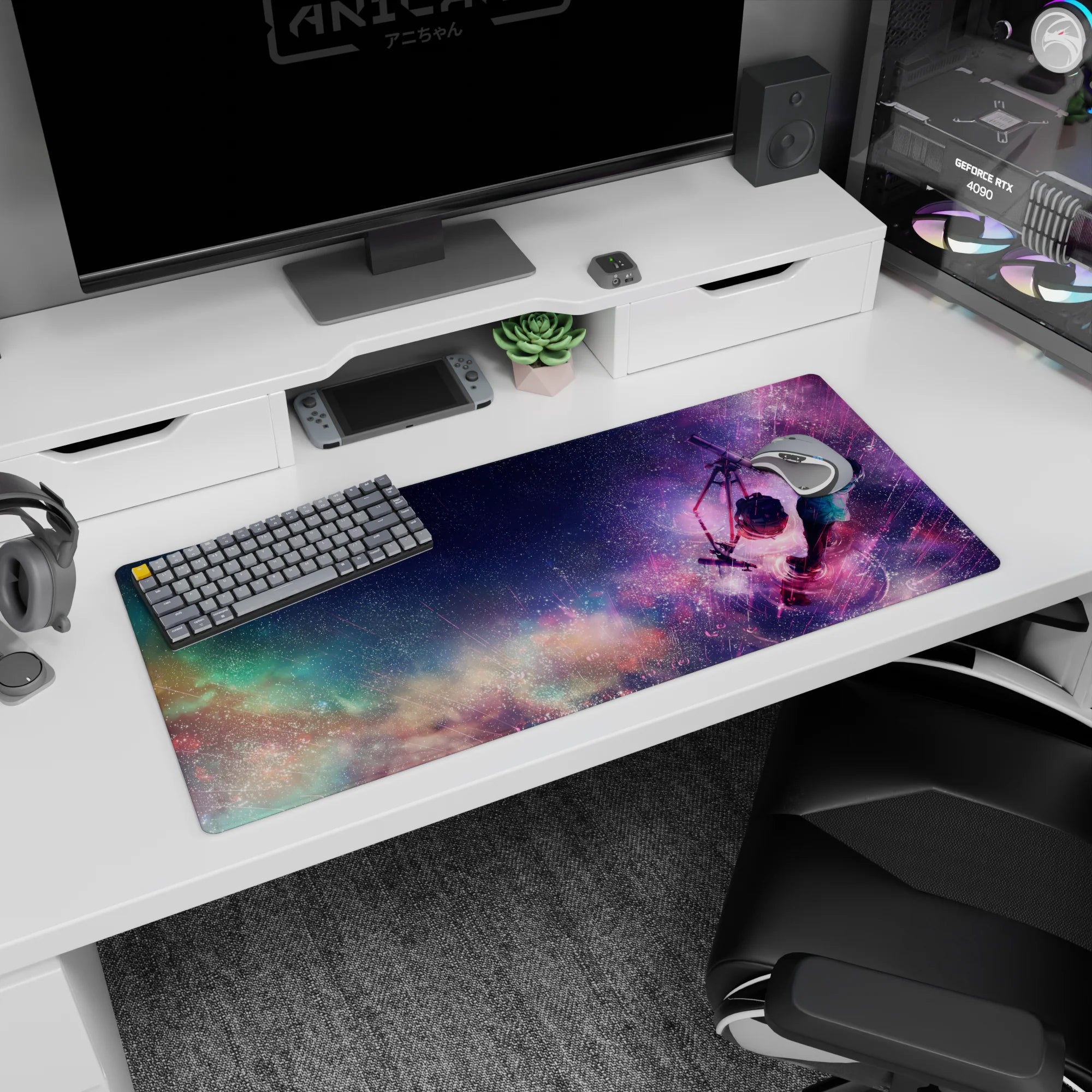36x16 inches anime desk pad showing scarfed boy beside a telescope as comet-like streaks cross the sky.