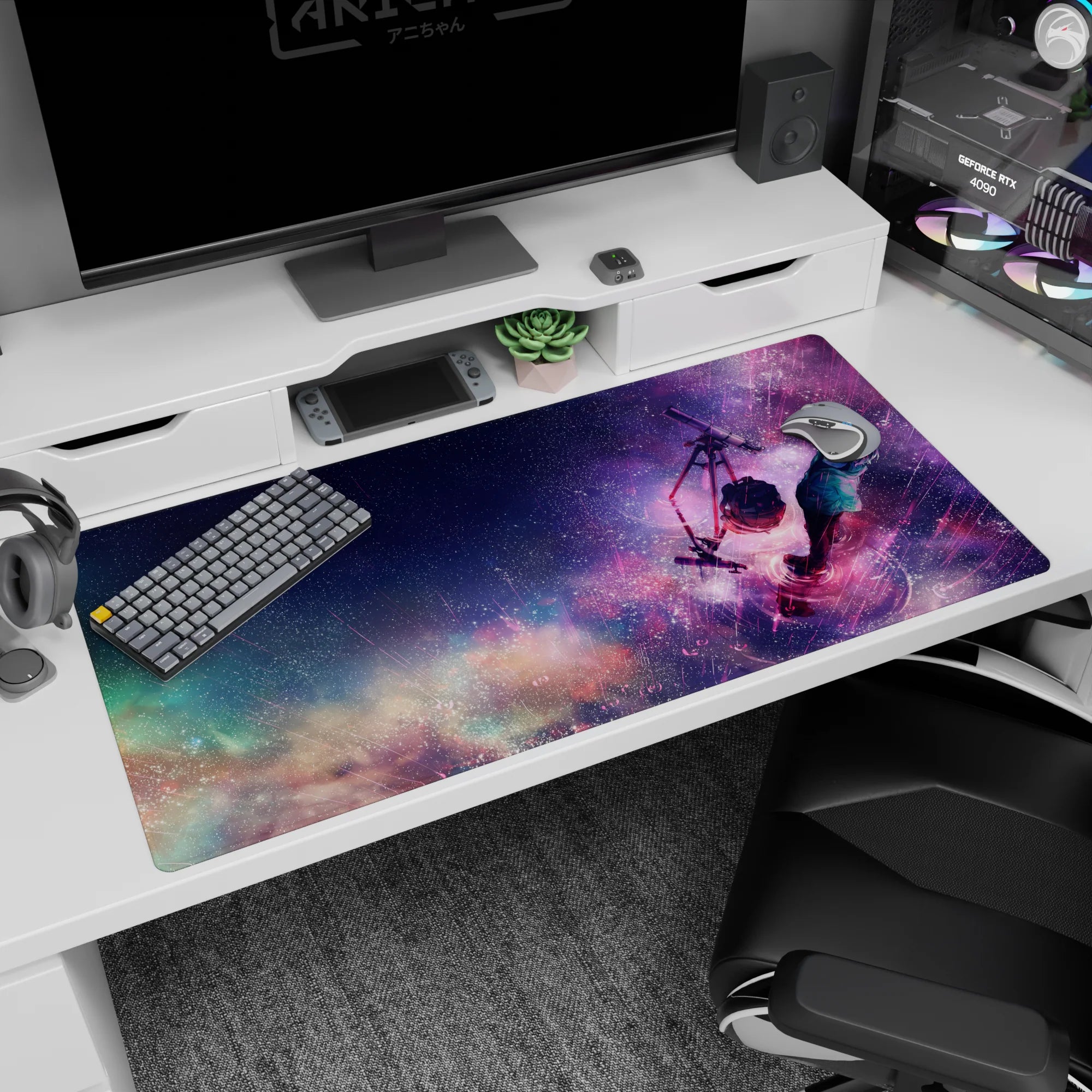 40x20 inches anime desk pad showing a lone boy in scarf by a telescope under a comet-streaked sky.