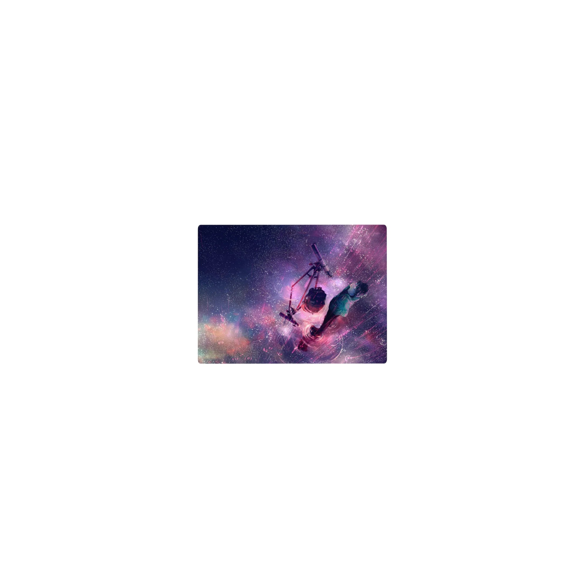 Classic anime mouse pad 14x10 inches with stargazer boy, telescope, and cosmic night sky backdrop.