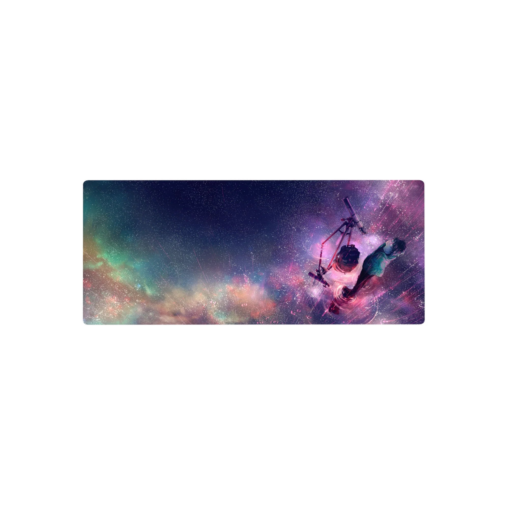 28x12 inches anime mouse pad with starry galaxy sky, neon streaks, and a telescope under night stars.