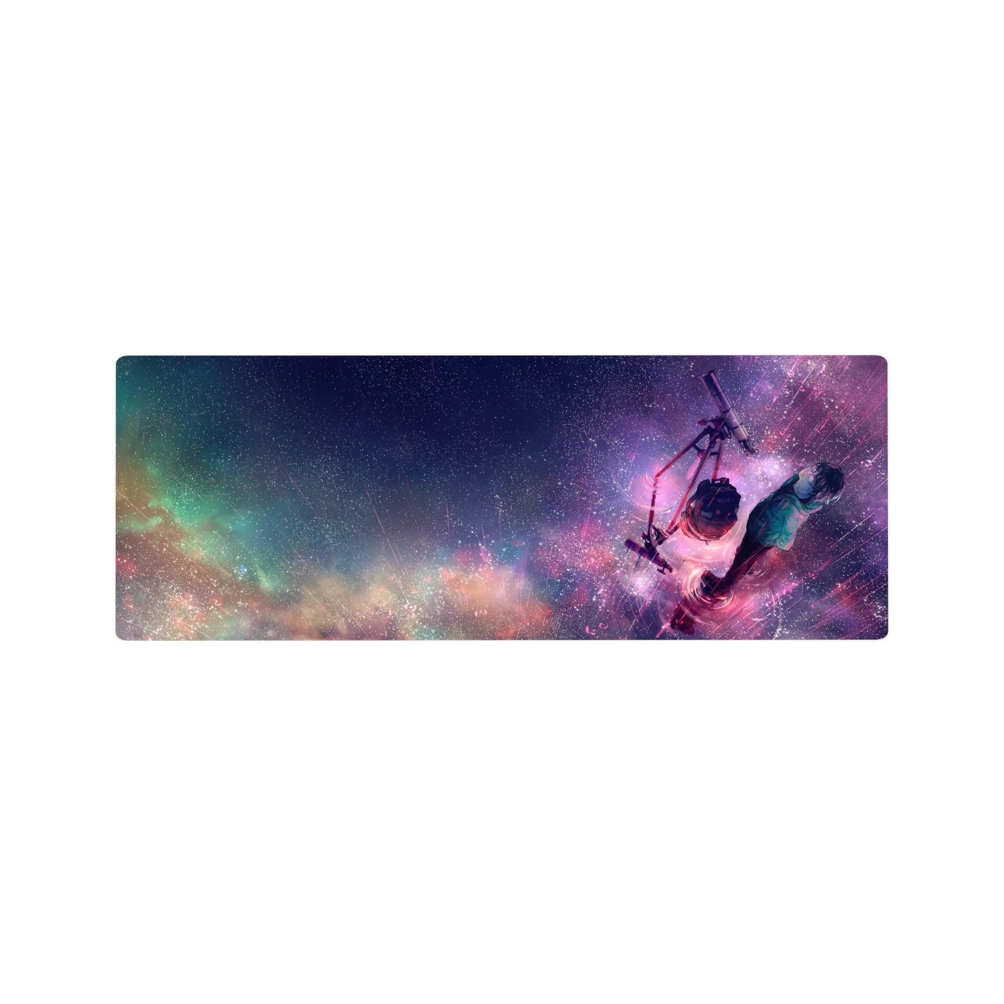 32x12 inches anime mouse pad with starry galaxy sky, neon comet streaks, and boy with telescope at night.