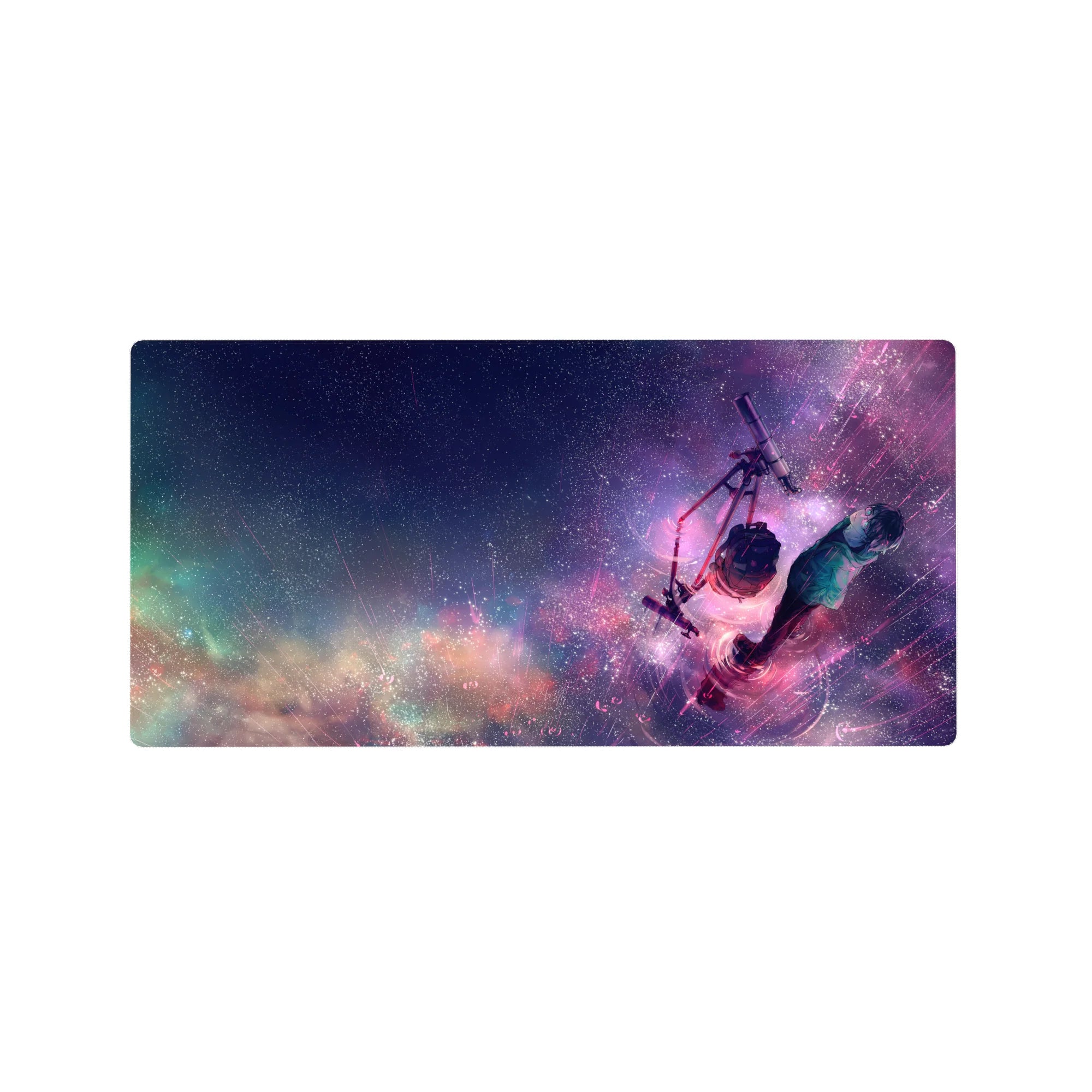 32x16 inches anime mouse pad with starry sky, neon galaxy dust, and a boy by a telescope at night.