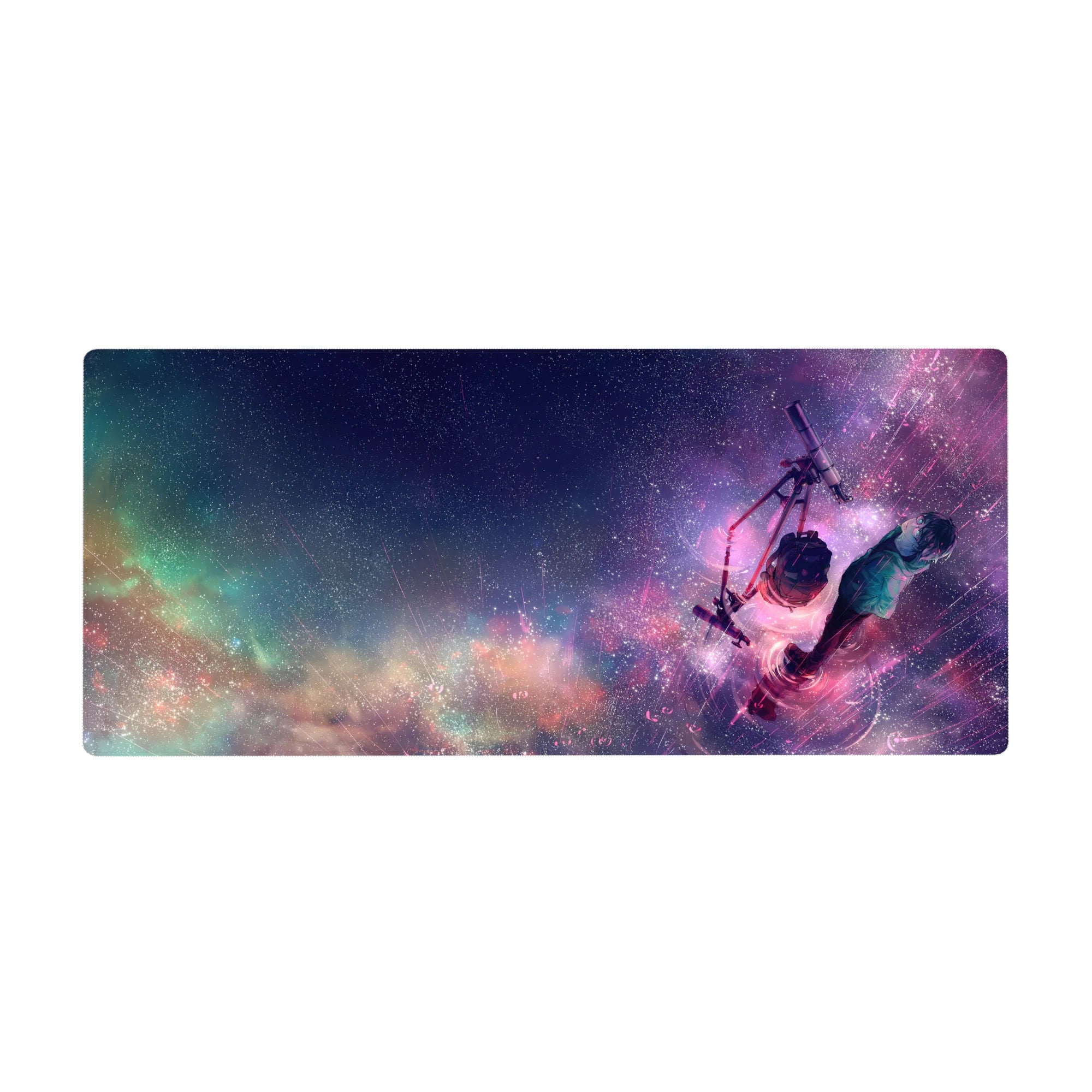 Anime desk pad 36x16 inches with lone anime boy by telescope under a starry neon galaxy night.