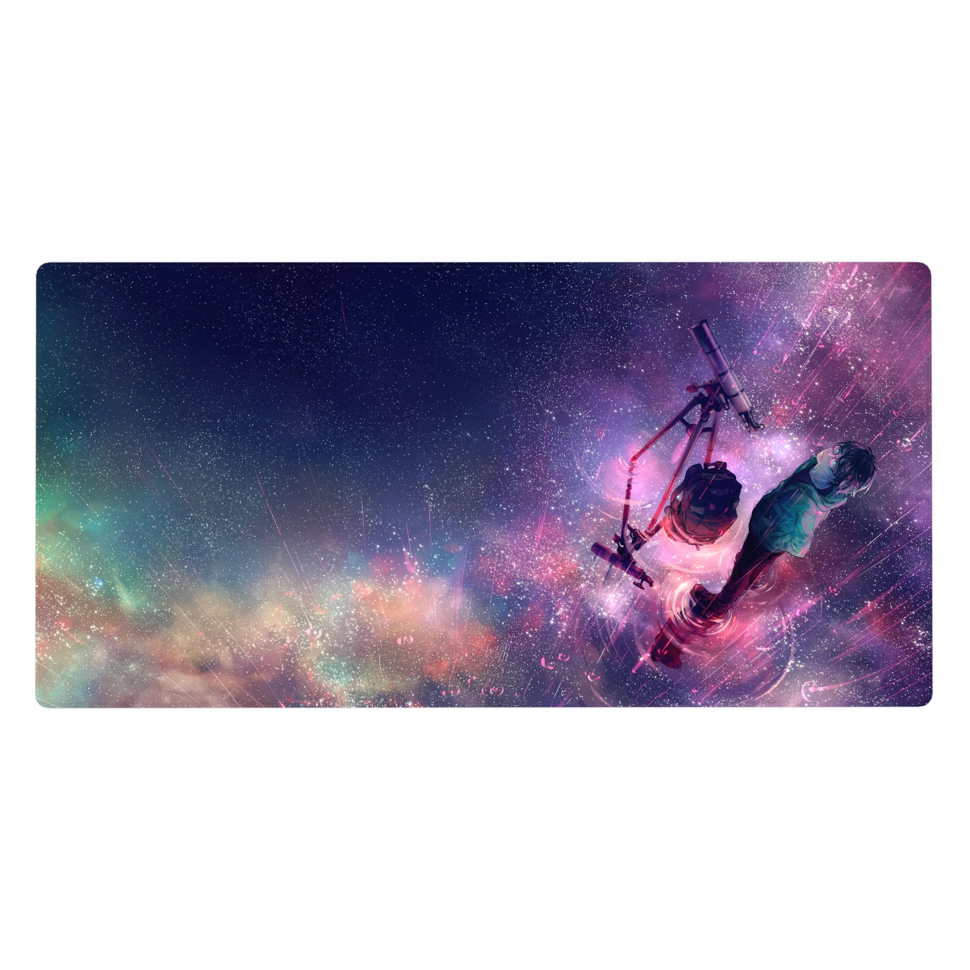 Anime desk pad 40x20 inches with starry night galaxy, telescope scene, neon magenta and violet streaks.