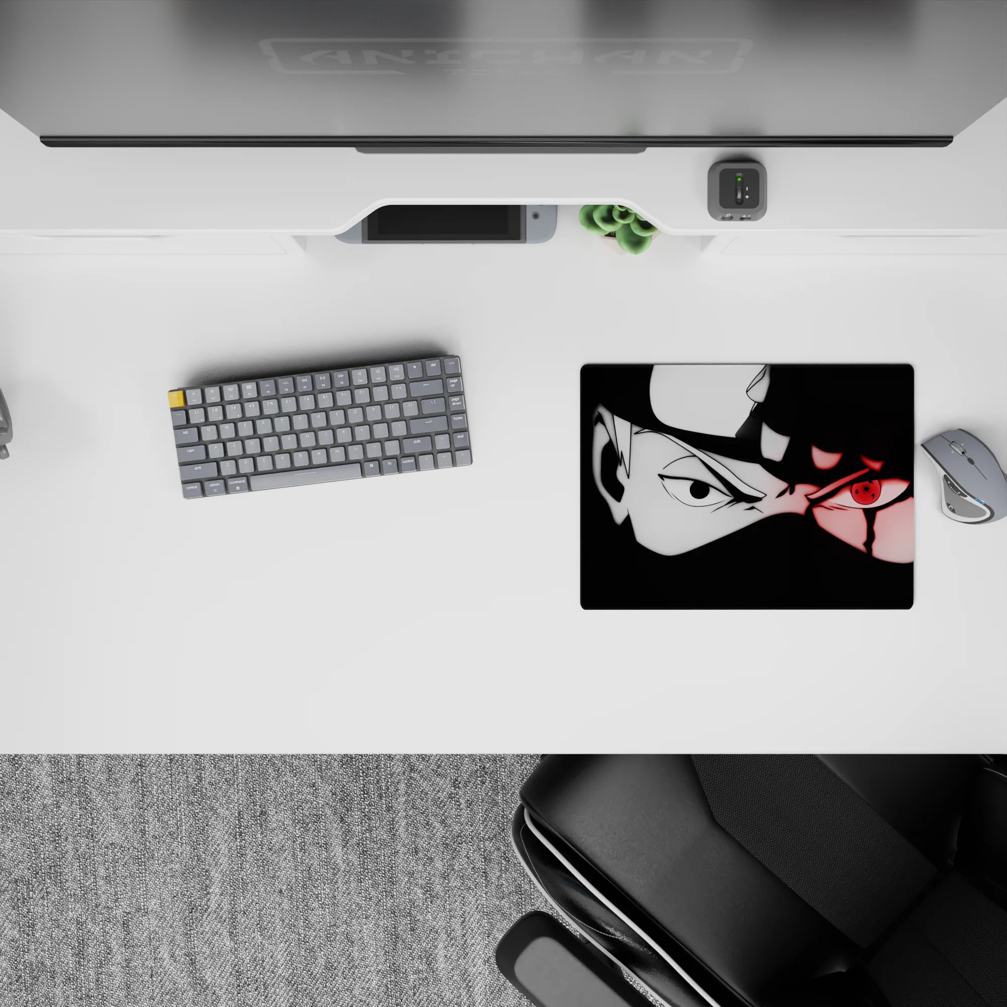 Anime mouse pad 14x10 inches in black and white with a red Sharingan glow, dark edgy mood.