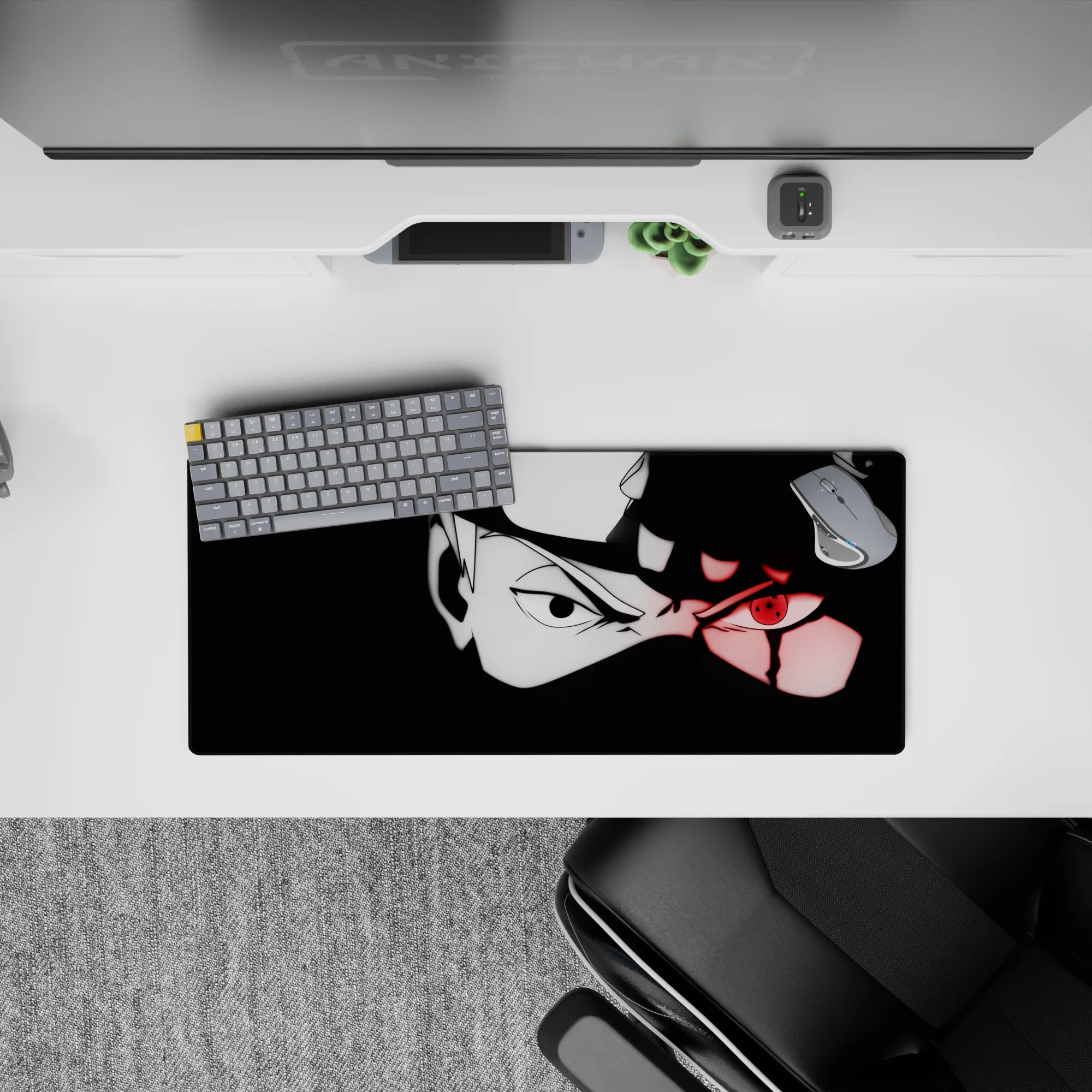 28x12 inches anime mouse pad in stark black and white with a red Sharingan glow, intense moody vibe.