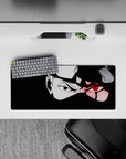 28x12 inches anime mouse pad in stark black and white with a red Sharingan glow, intense moody vibe.