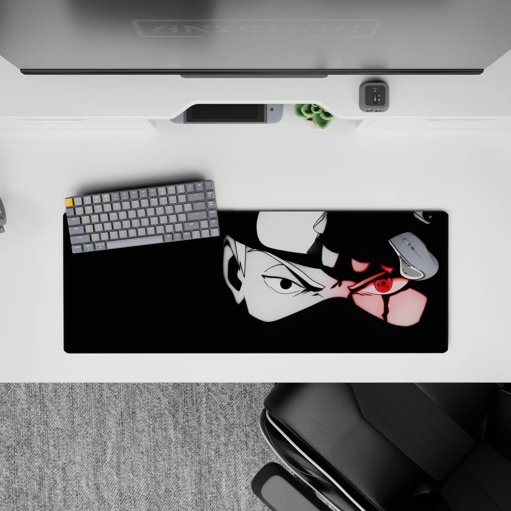 32x12 inches extended mouse pad in stark black and white with a hot red eye glow, edgy ninja mood.