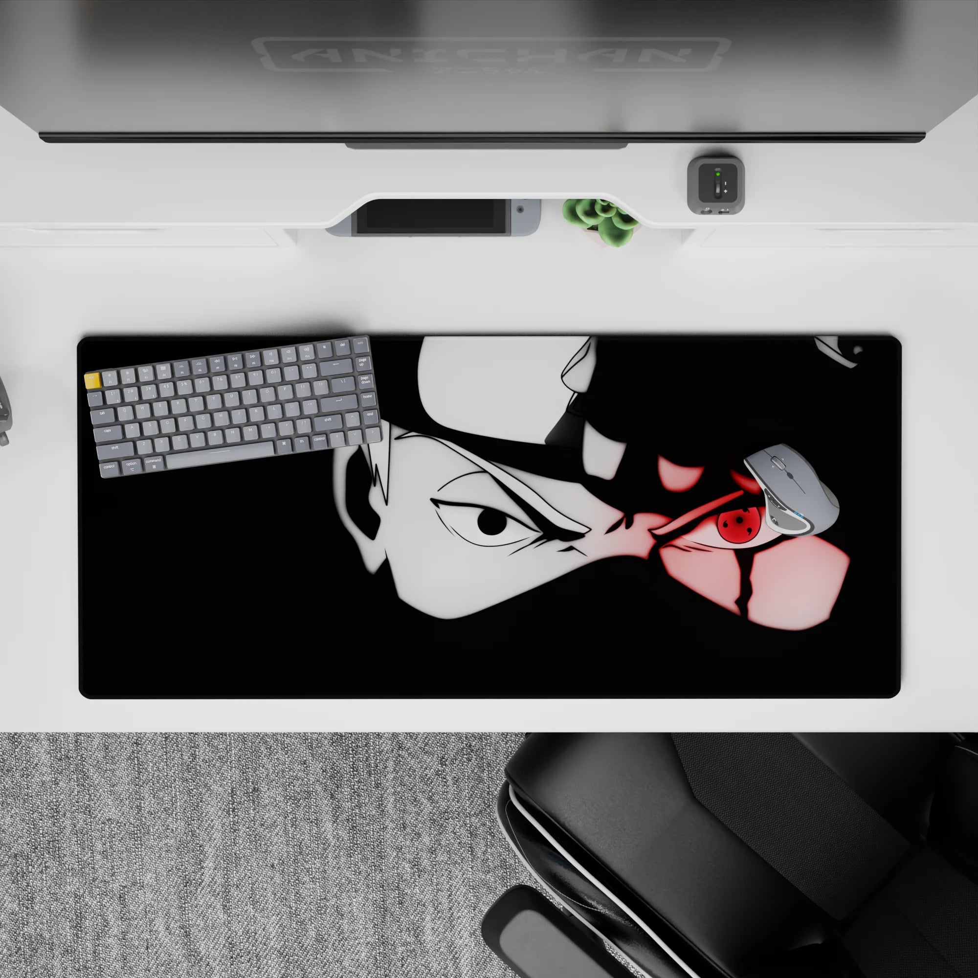 High-contrast black and white desk pad 36x16 inches with a fiery red eye accent and intense shadow vibe.