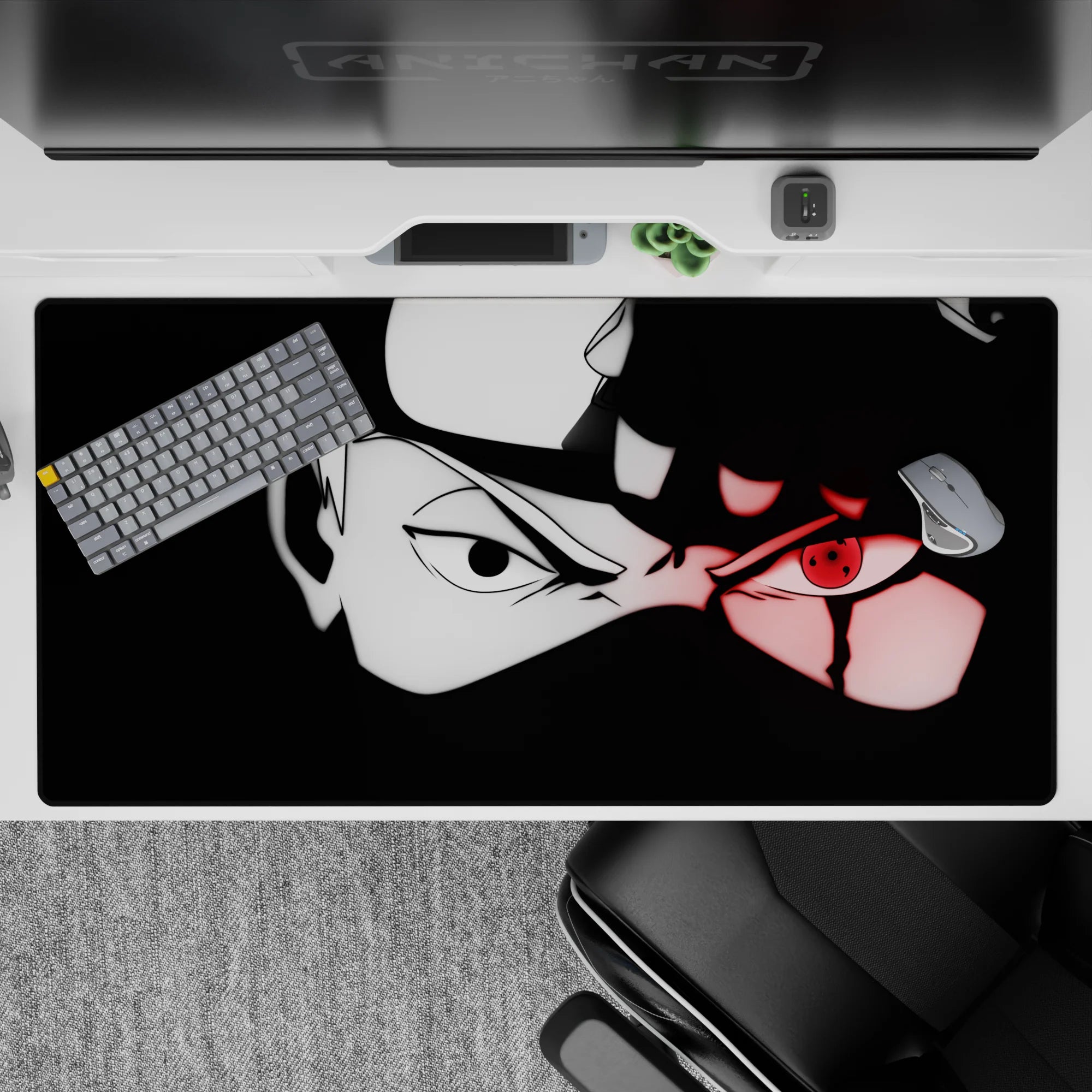 40x20 inches anime desk pad in stark black and white with a glowing red Sharingan, intense shadowy vibe.