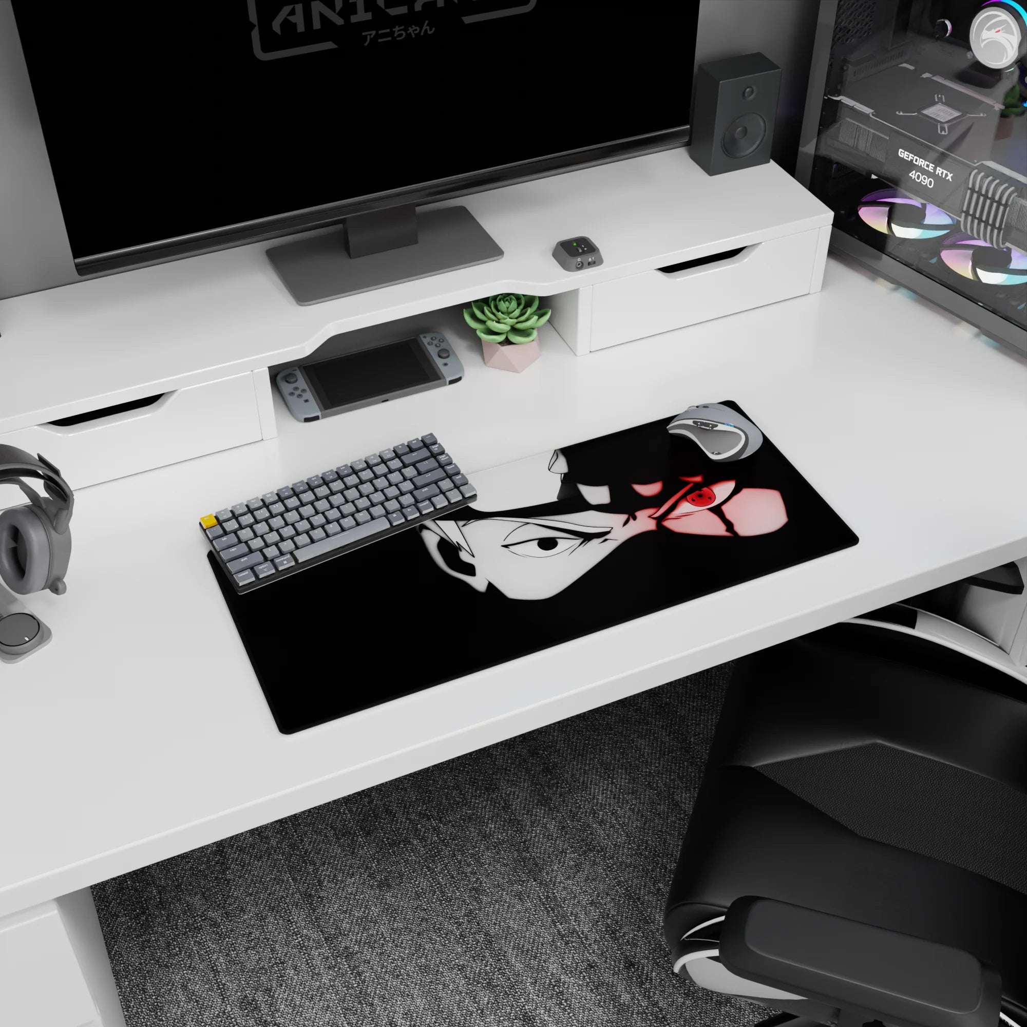 28x12 inches Naruto mouse pad featuring Kakashi Hatake half in shadow, red Sharingan eye staring forward.