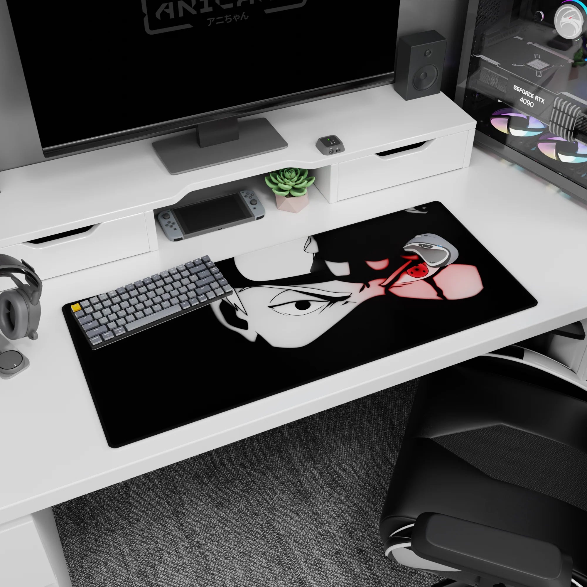 Kakashi Hatake from Naruto on an anime desk pad 36x16 inches, half-shadowed face and glowing Sharingan.
