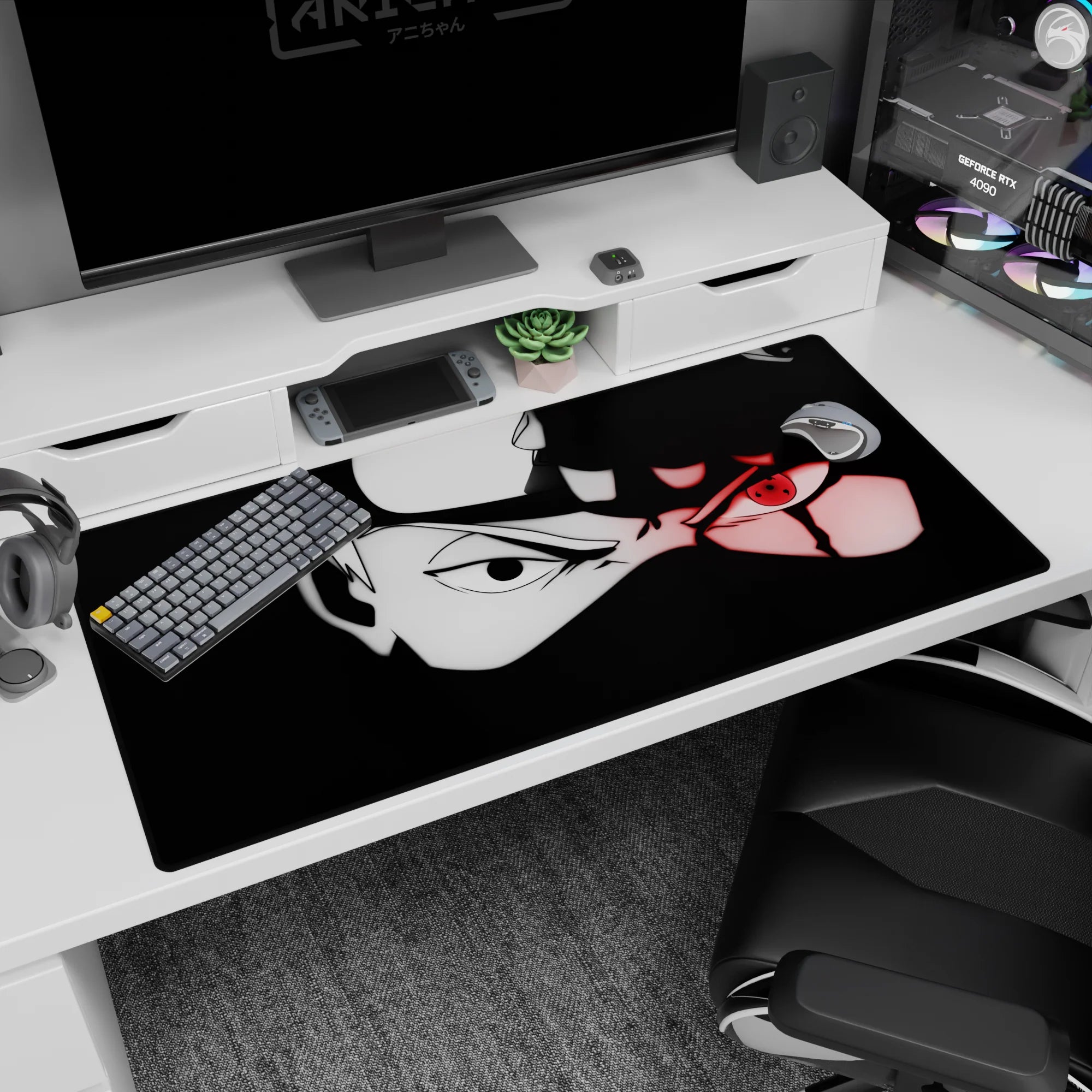 40x20 inches Naruto desk pad featuring Kakashi Hatake half in shadow, mask detail crisp, Sharingan lit.