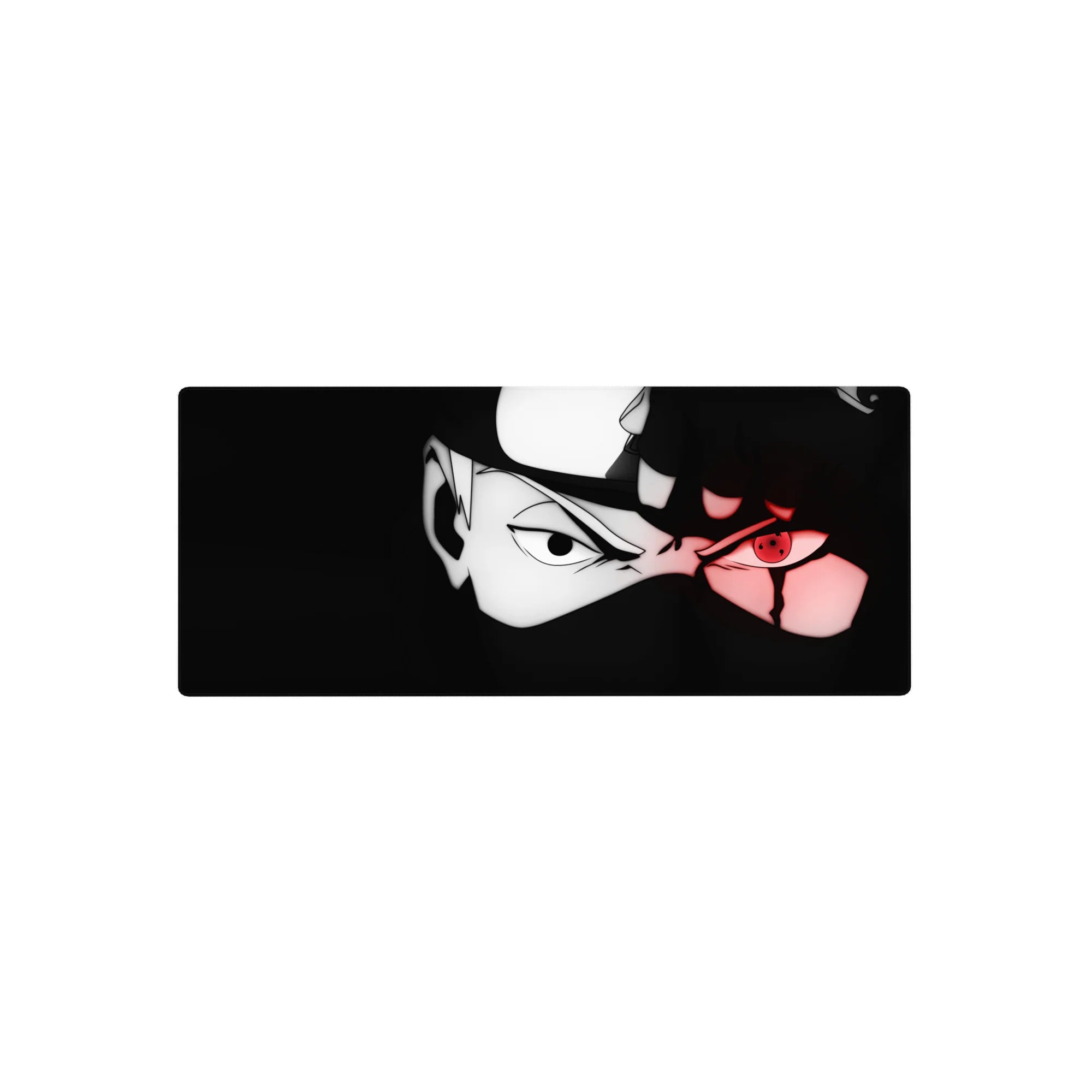 28x12 inches anime mouse pad with Kakashi-style masked ninja portrait, bold black-and-white line art.