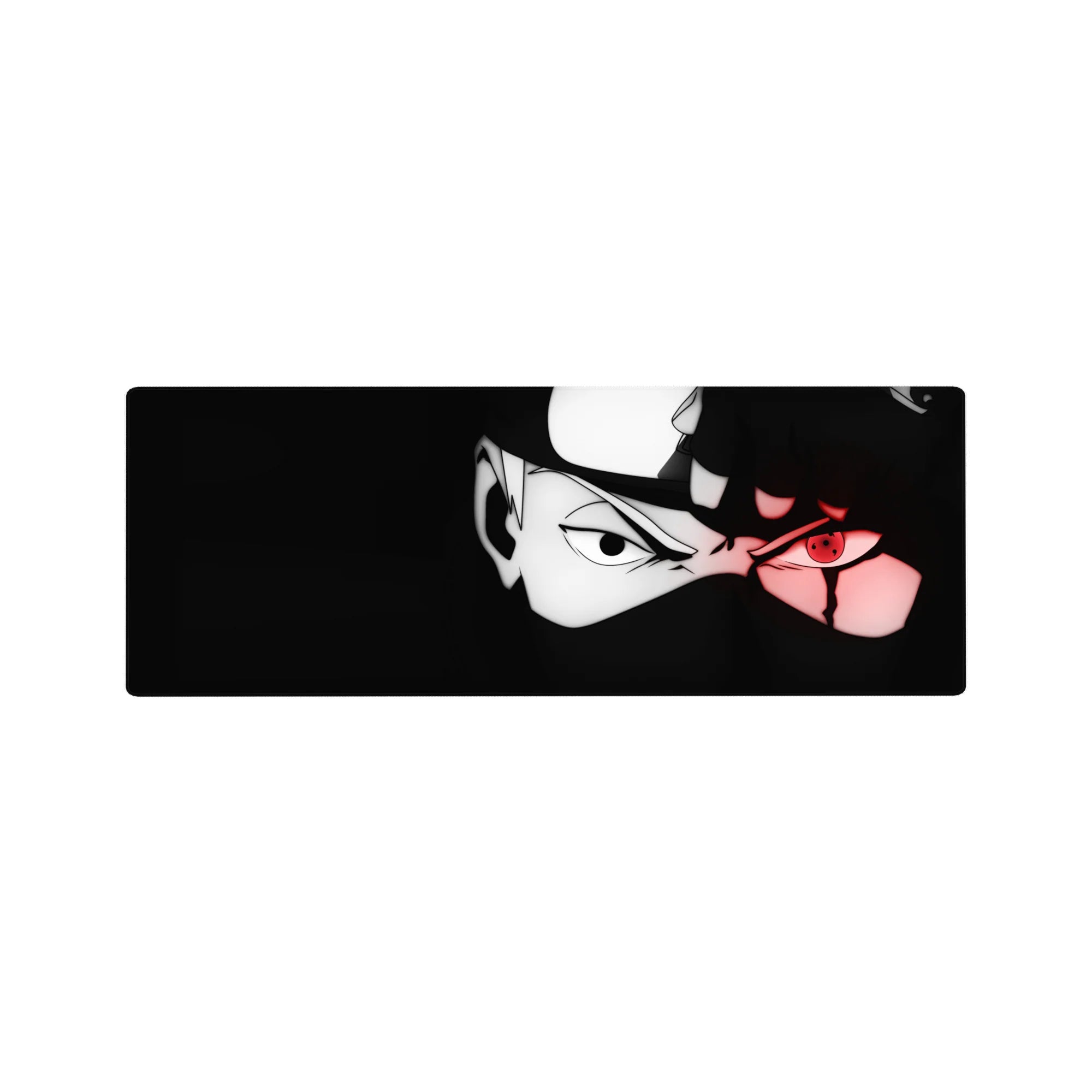 32x12 inches anime mouse pad with Kakashi mask close-up, bold black-and-white lines and red Sharingan eye.