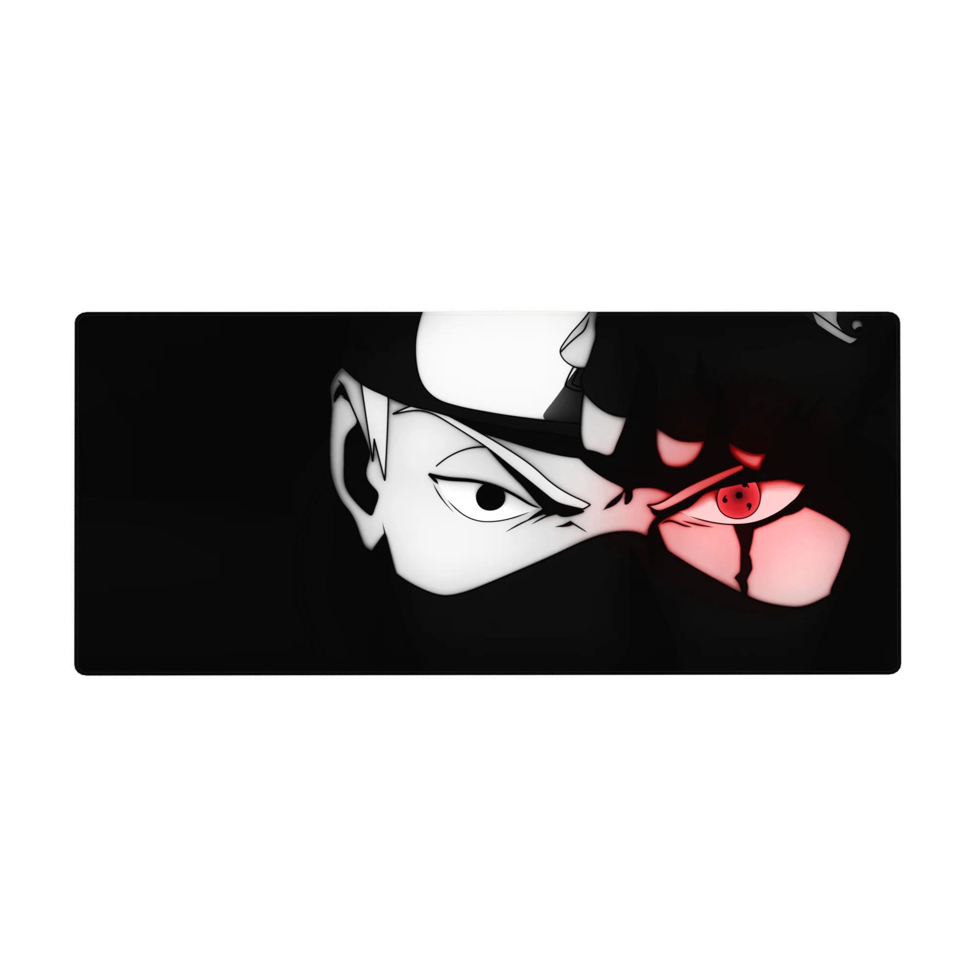 Anime desk pad 36x16 inches featuring a ninja mask portrait with bold black-and-white lines and red eye glow.