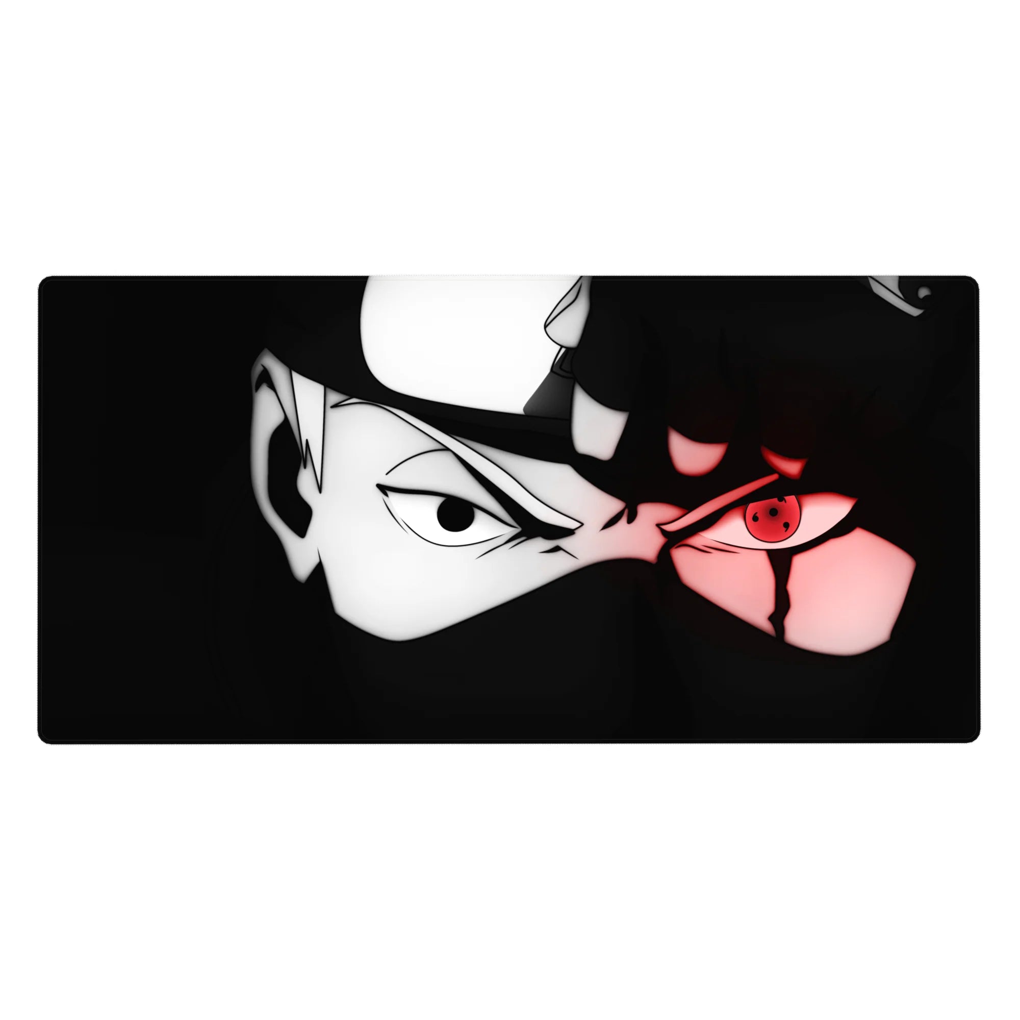 40x20 inches anime desk pad with masked ninja portrait, black-and-white line art and red eye accent.