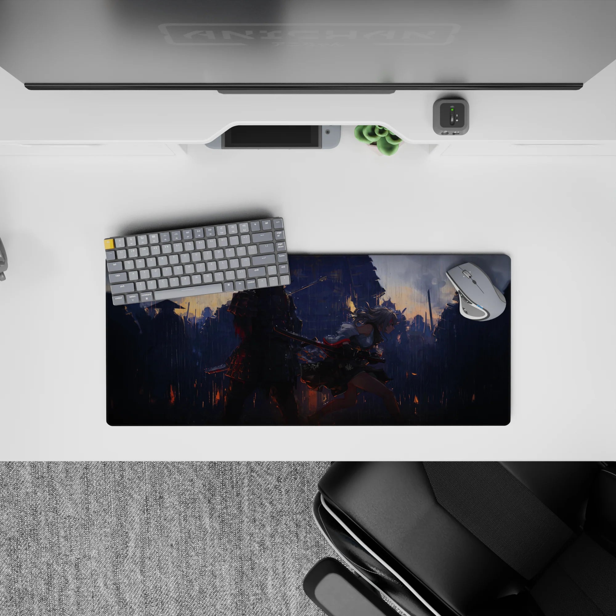 28x12 inches anime girl mouse pad in smoky blue rain with ember-orange sparks, cinematic stormy battlefield mood.
