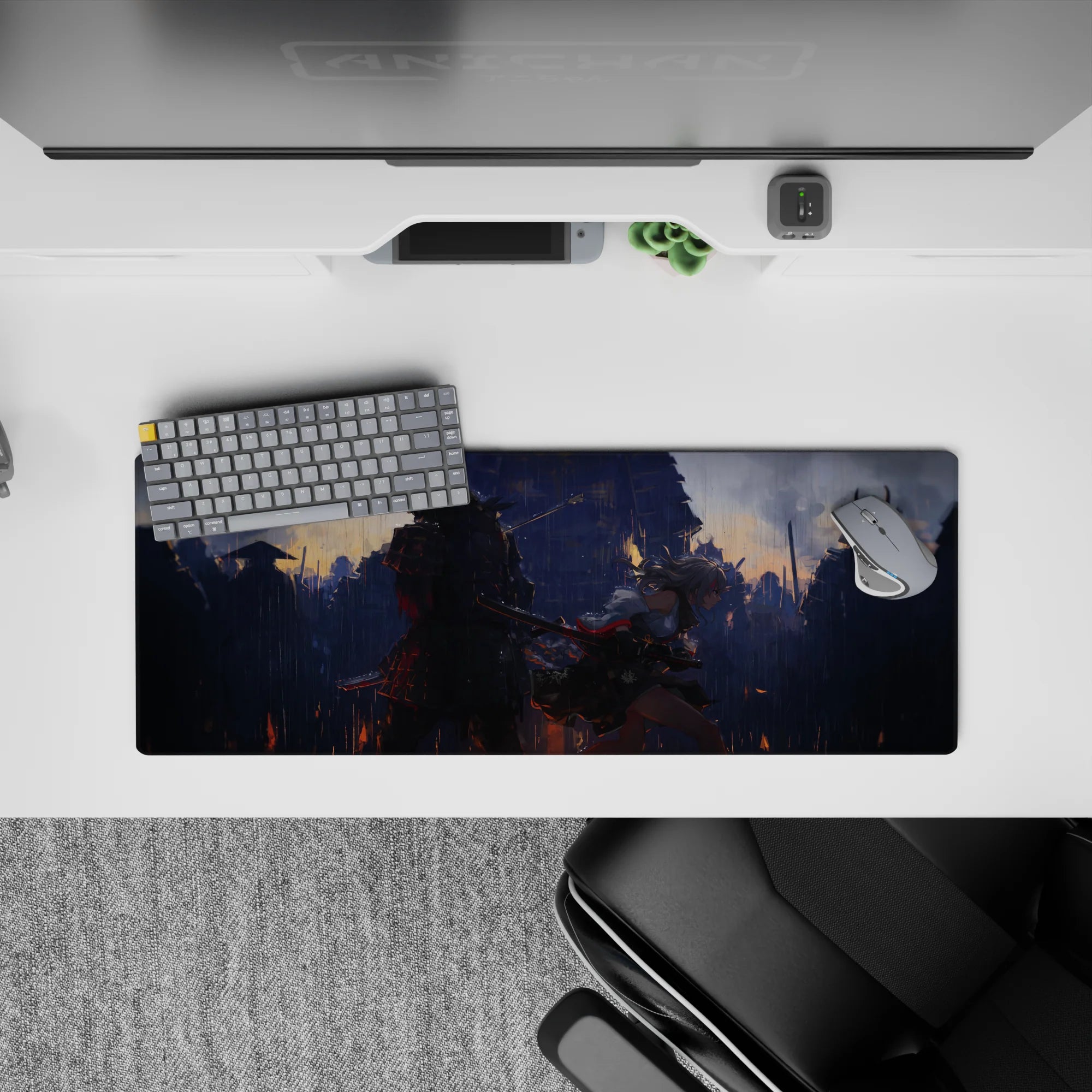 Anime girl mouse pad 32x12 inches in smoky blues and ember-orange sparks, stormy rain and dramatic light.