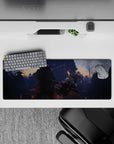 Anime girl mouse pad 32x12 inches in smoky blues and ember-orange sparks, stormy rain and dramatic light.