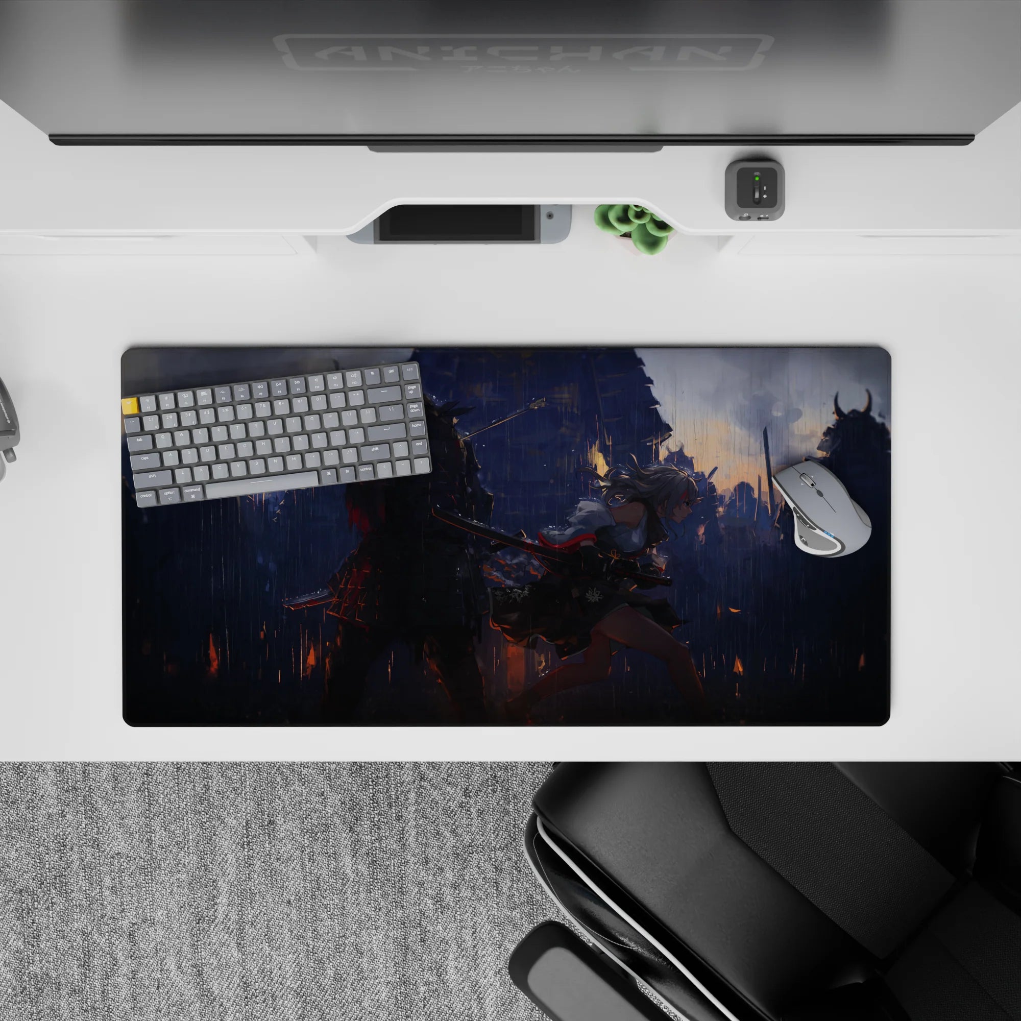 32x16 inches anime girl mouse pad in stormy smoky blues with ember-orange sparks and dramatic shadows.