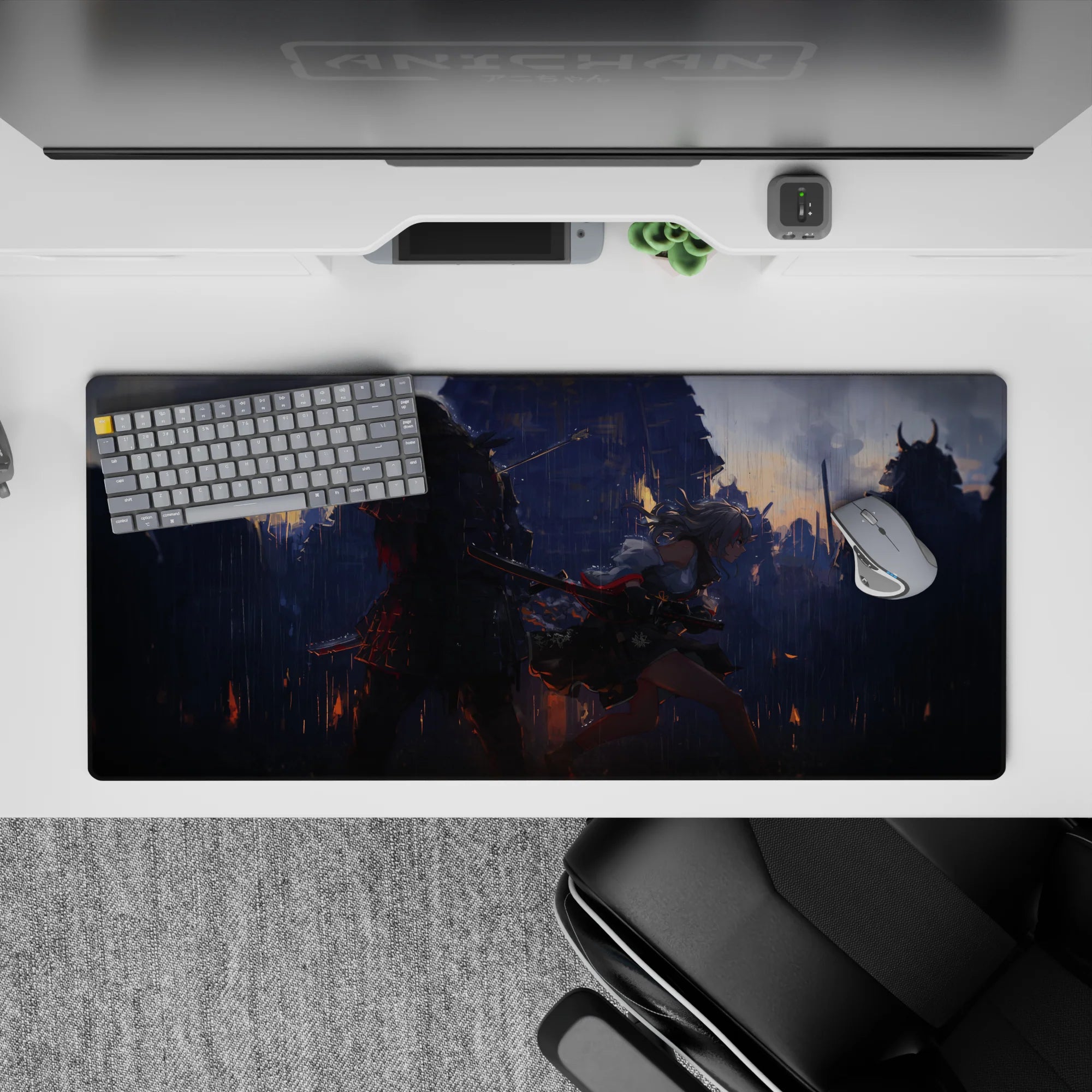 Moody storm-blue and ember-orange anime girl desk pad 36x16 inches with rain, smoke, and sparks.