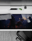 Moody storm-blue and ember-orange anime girl desk pad 36x16 inches with rain, smoke, and sparks.