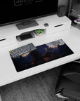 28x12 inches anime girl mouse pad showing silver-haired swordswoman sprinting past a horned samurai, red ribbons flying.