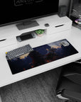 Anime girl mouse pad 32x12 inches showing silver-haired fighter girl sprinting with sword, red ribbons flying.